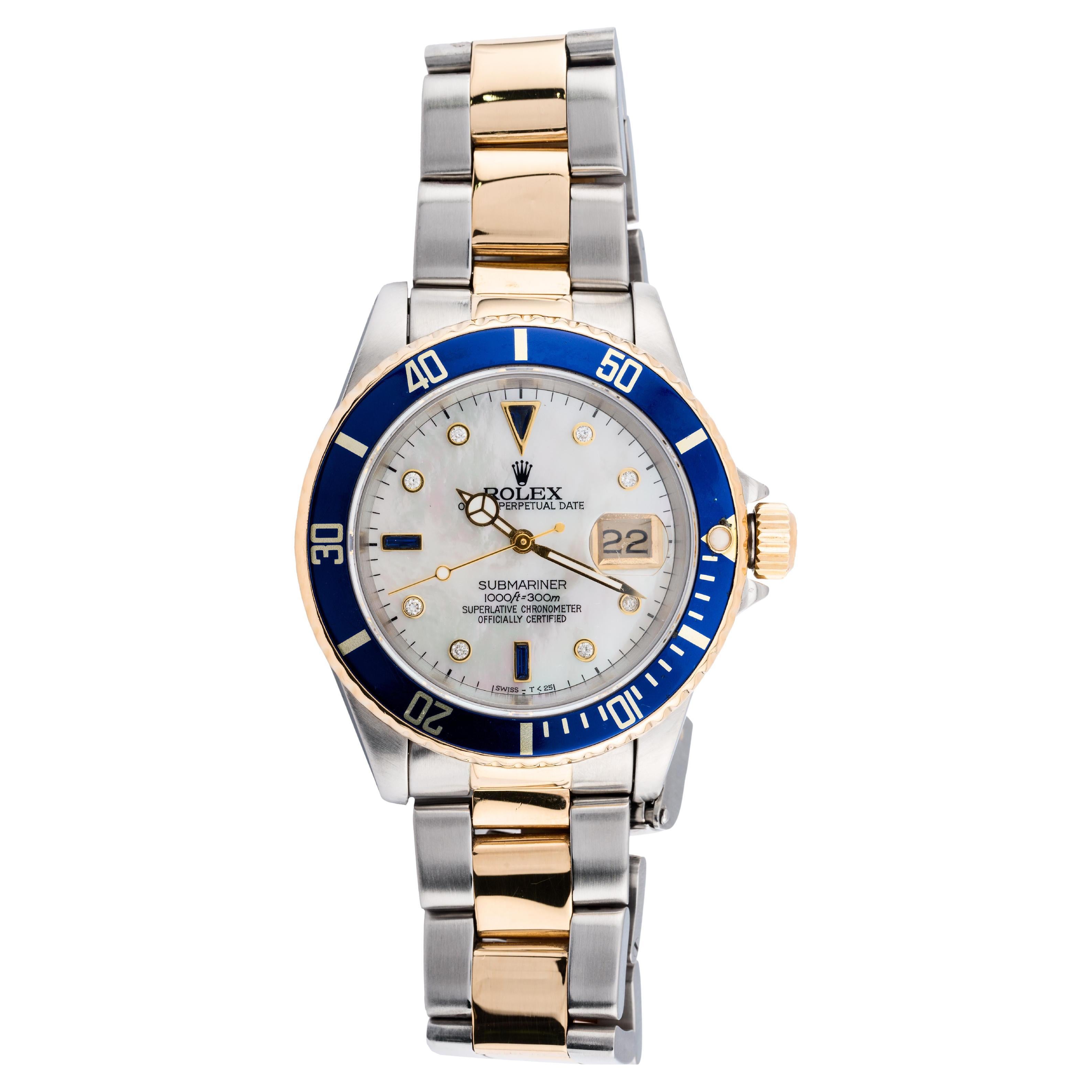 Rolex 18 Karat Gold & Stainless Steel Submariner 16613 Serti Diamond Dial Custom
