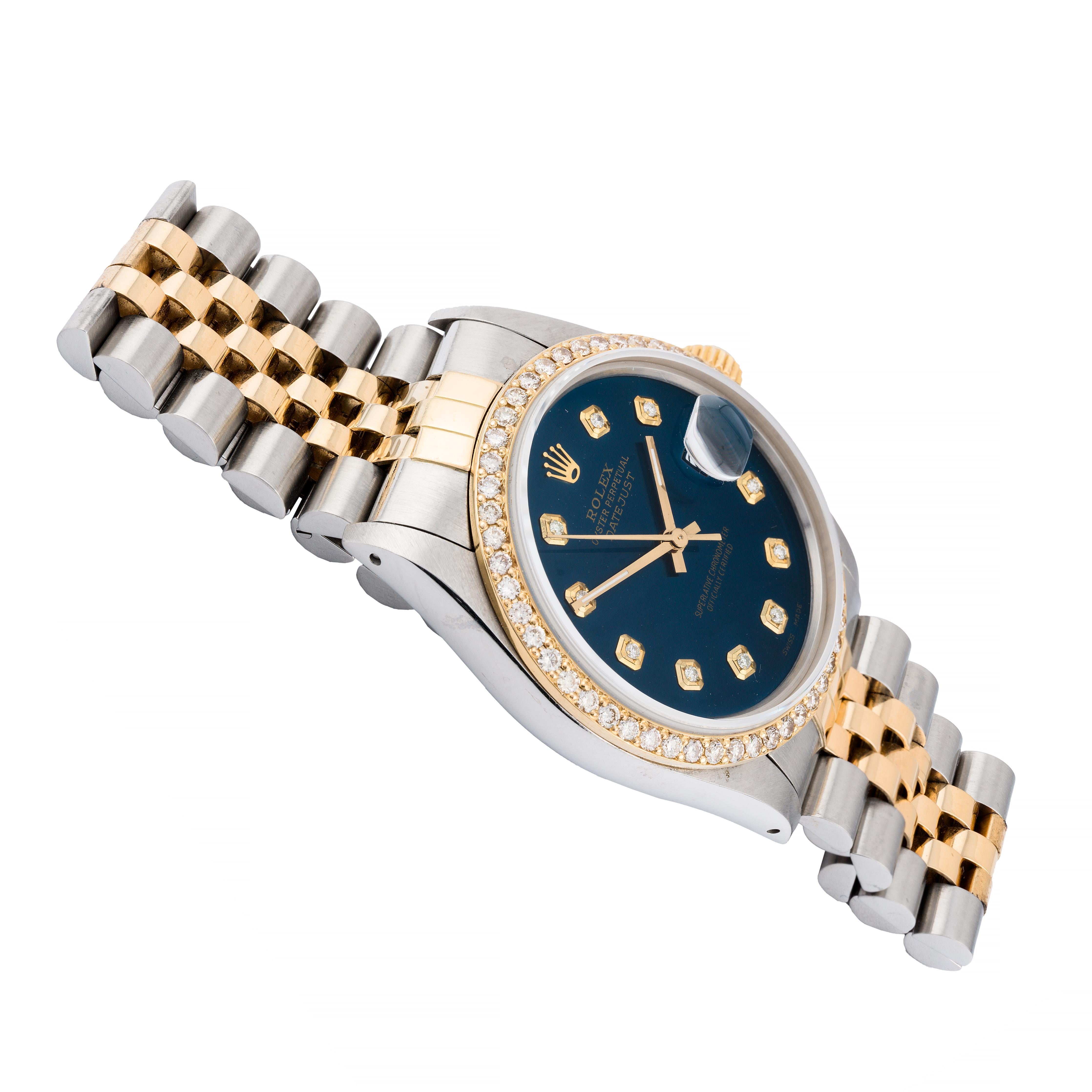 Taglio brillante Rolex DateJust in oro 18 carati e acciaio 36MM con quadrante e lunetta di diamanti in vendita