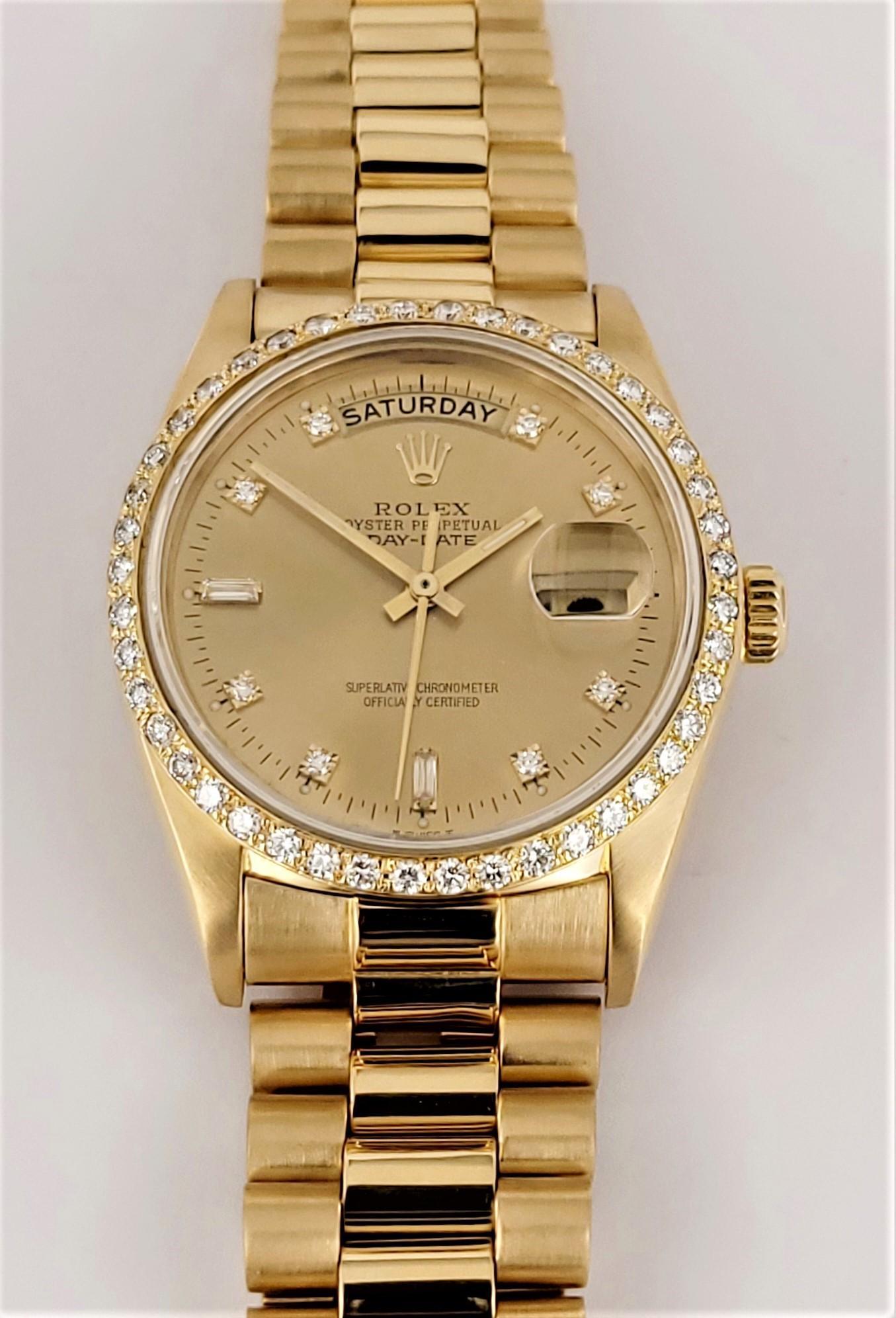 Referenznummer 18038
Marke Rolex
Modell Day-Date 36 
Zifferblattfarbe Champagner 
MATERIAL des Gehäuses 18K Gelbgold mit Diamanten 
Diamanten 2ct
Diamant Reinheit vs.
Farbe Garde F
Gehäusegröße 36mm
Armband MATERIAL 18K Gelbgold 
Uhrwerk