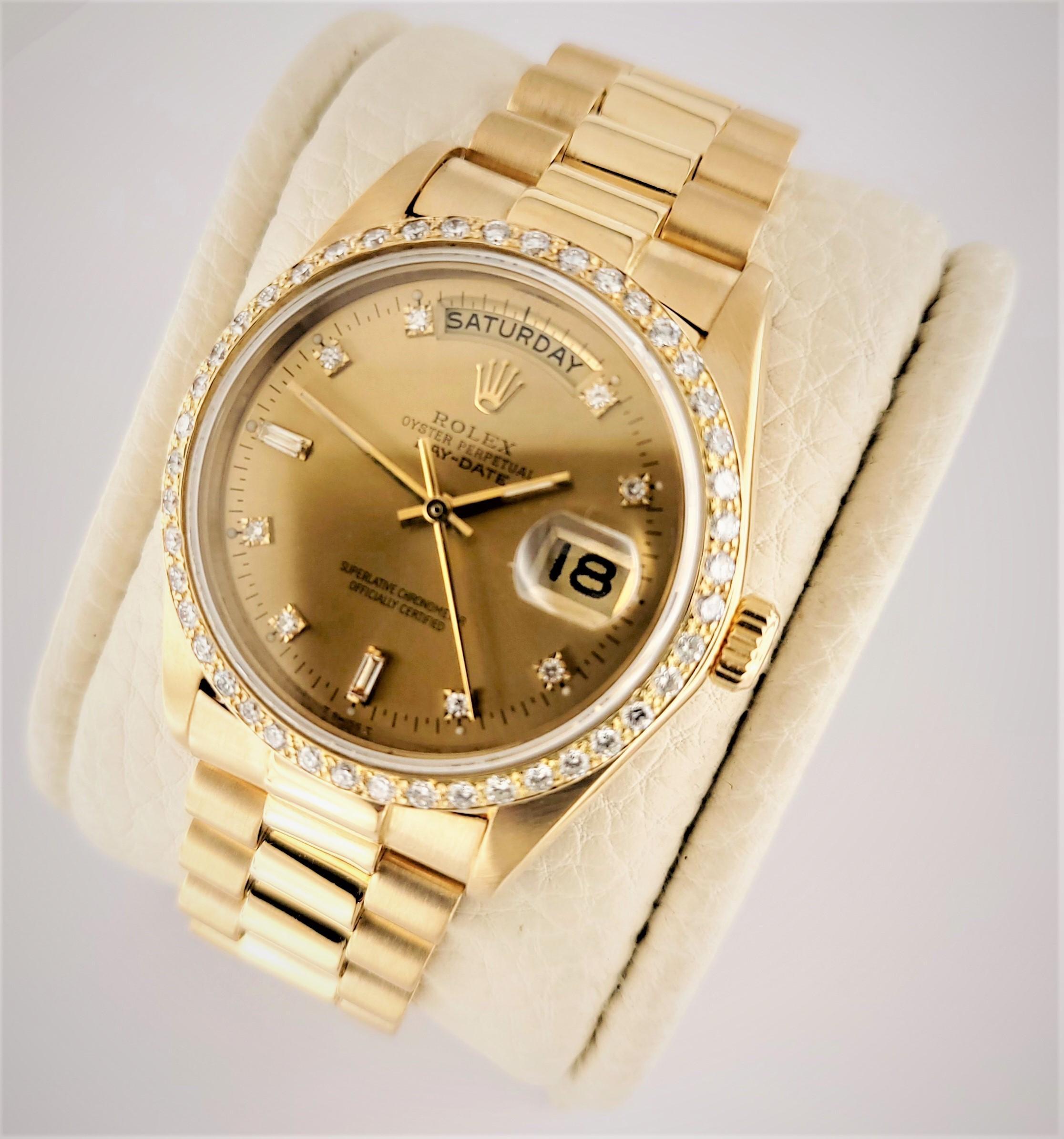Rolex 18 Karat Gold mit Diamant Lünette Präsident circa 1980's mit Original-Box (Rundschliff)