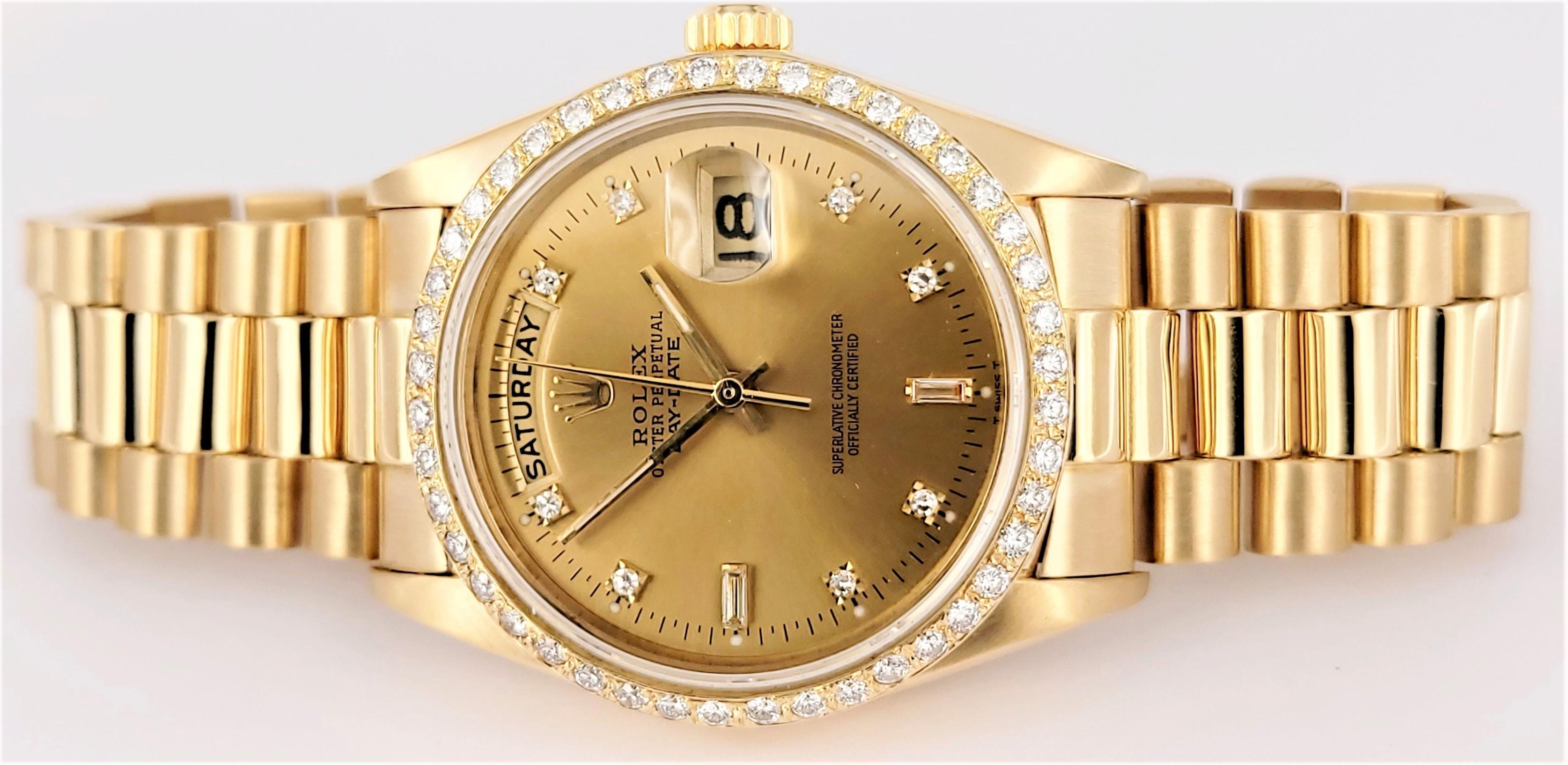 Rolex 18 Karat Gold mit Diamant Lünette Präsident circa 1980's mit Original-Box im Zustand „Hervorragend“ in New York, NY