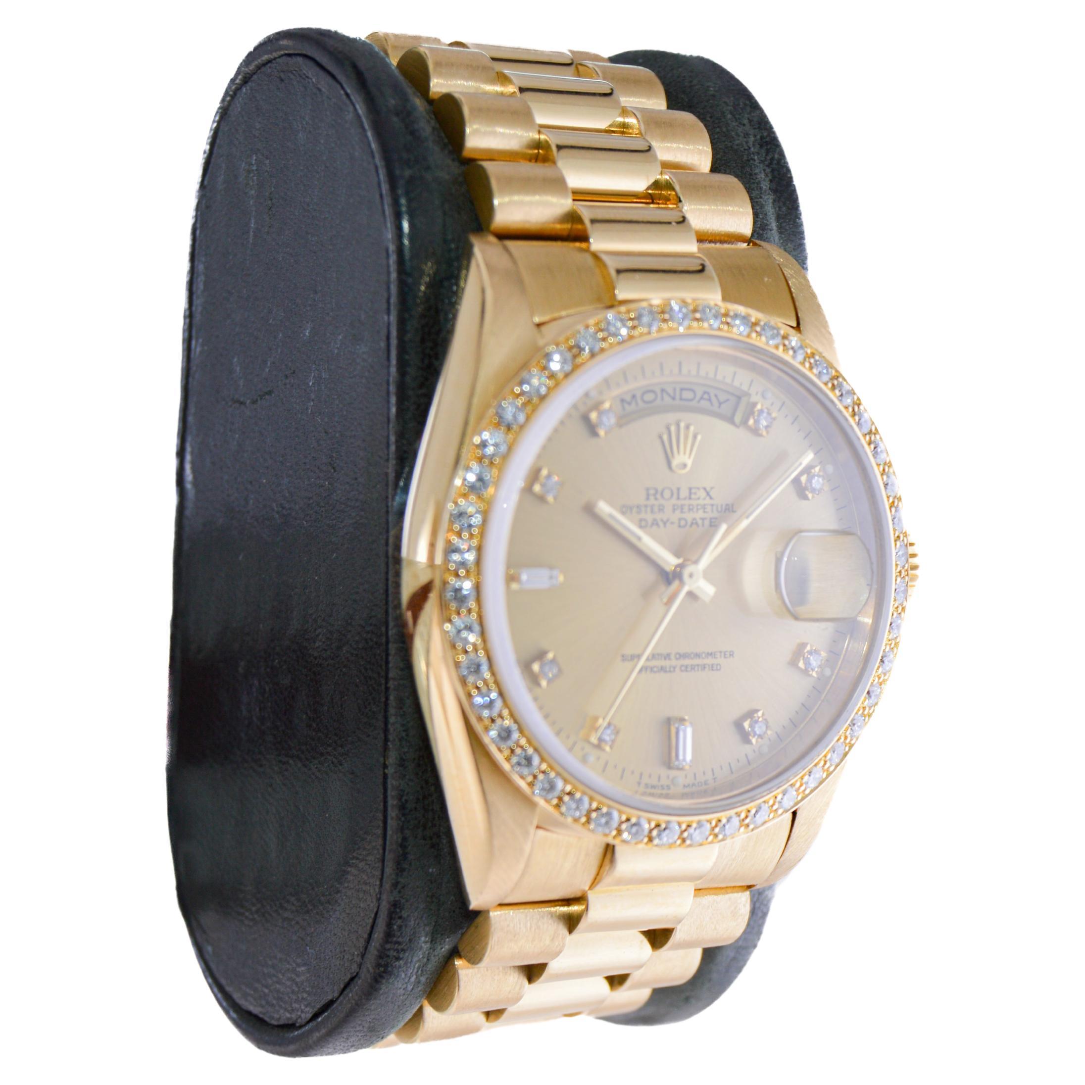FACTORY / HOUSE: Rolex Watch Company
STYLE / REFERENCE: President / Reference 18000
METAL / MATERIAL: 18Kt. Solid Gold
CIRCA / YEAR: 1980's
DIMENSIONS / SIZE: 43mm Length X 36mm Diameter
MOVEMENT / CALIBER: Perpetual Winding / 31 Jewels / Caliber