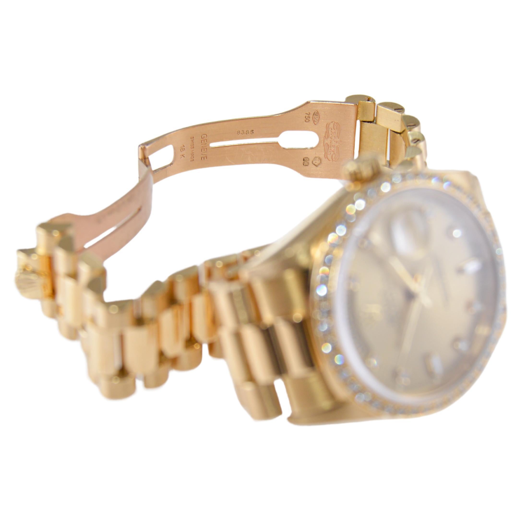 Rolex 18 Karat Gold With Diamond Bezel President circa 1996 with Original Box For Sale 3