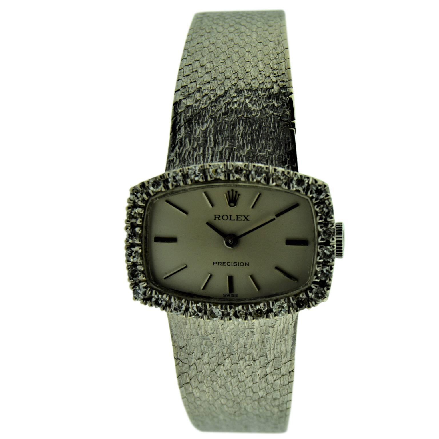 Rolex 18 Karat White Gold Dress Watch with Diamond Bezel, circa 1970-1971 In Excellent Condition In Long Beach, CA
