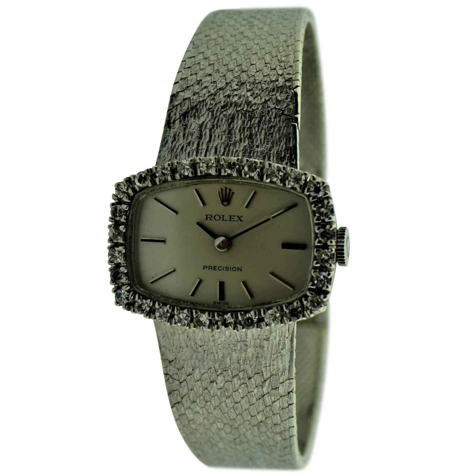 Women's or Men's Rolex 18 Karat White Gold Dress Watch with Diamond Bezel, circa 1970-1971
