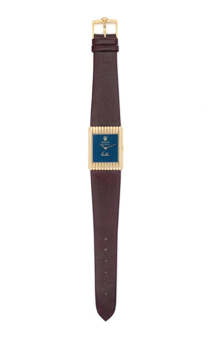 Rare Rolex 18 Karat Cellini Watch c.1976
Model # 4016
Composition: 18K Yellow Gold
Original Rolex Burgandy Leather Watch Strap
Manual Movement
Color: Speckled Blue
Made in Switzerland
