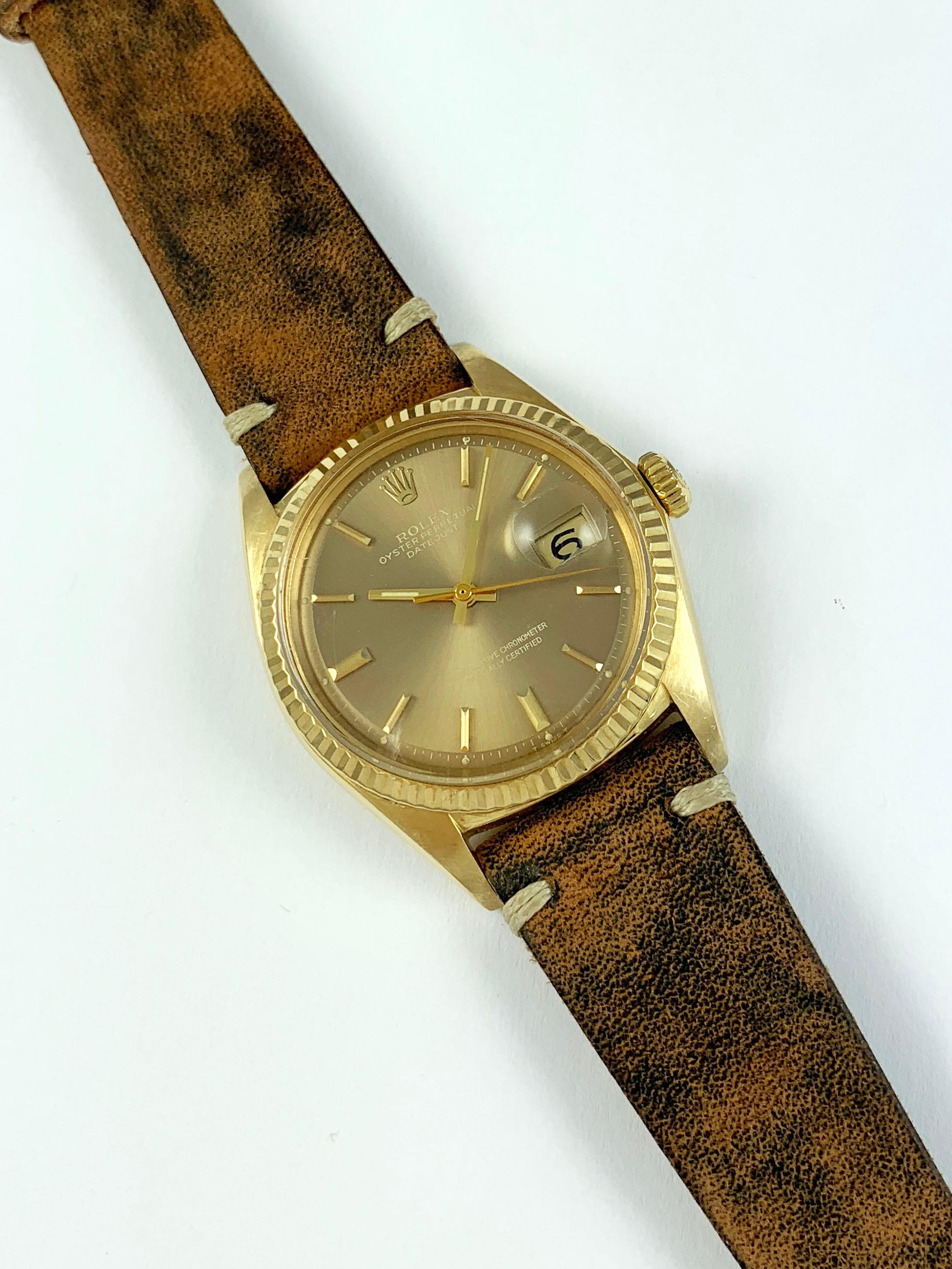 Rolex 18K Yellow Gold Datejust with Taupe Mirror Dial Wristwatch, 1960s In Good Condition In New York, NY