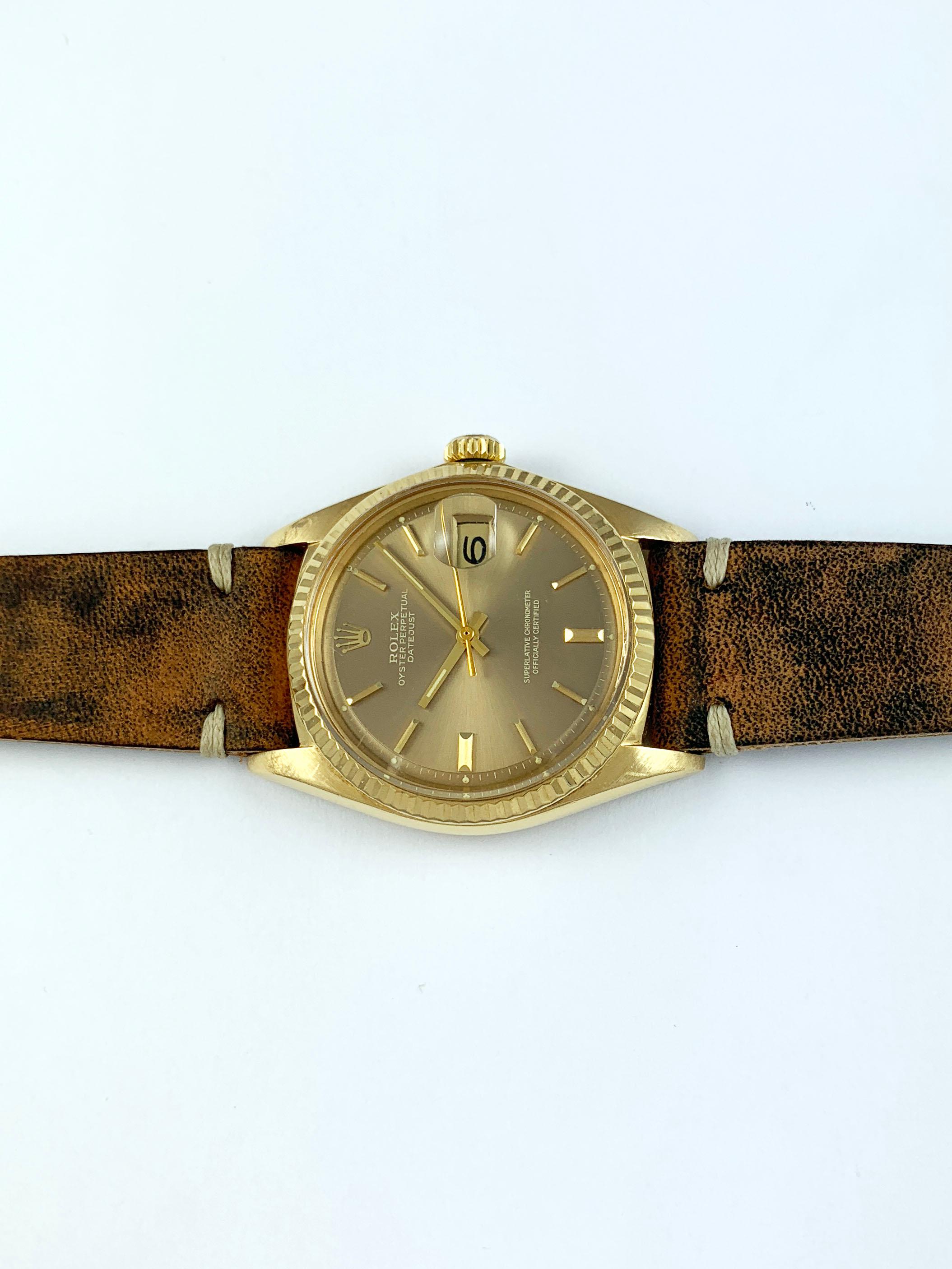 Rolex 18K Yellow Gold Datejust with Taupe Mirror Dial Wristwatch, 1960s 1