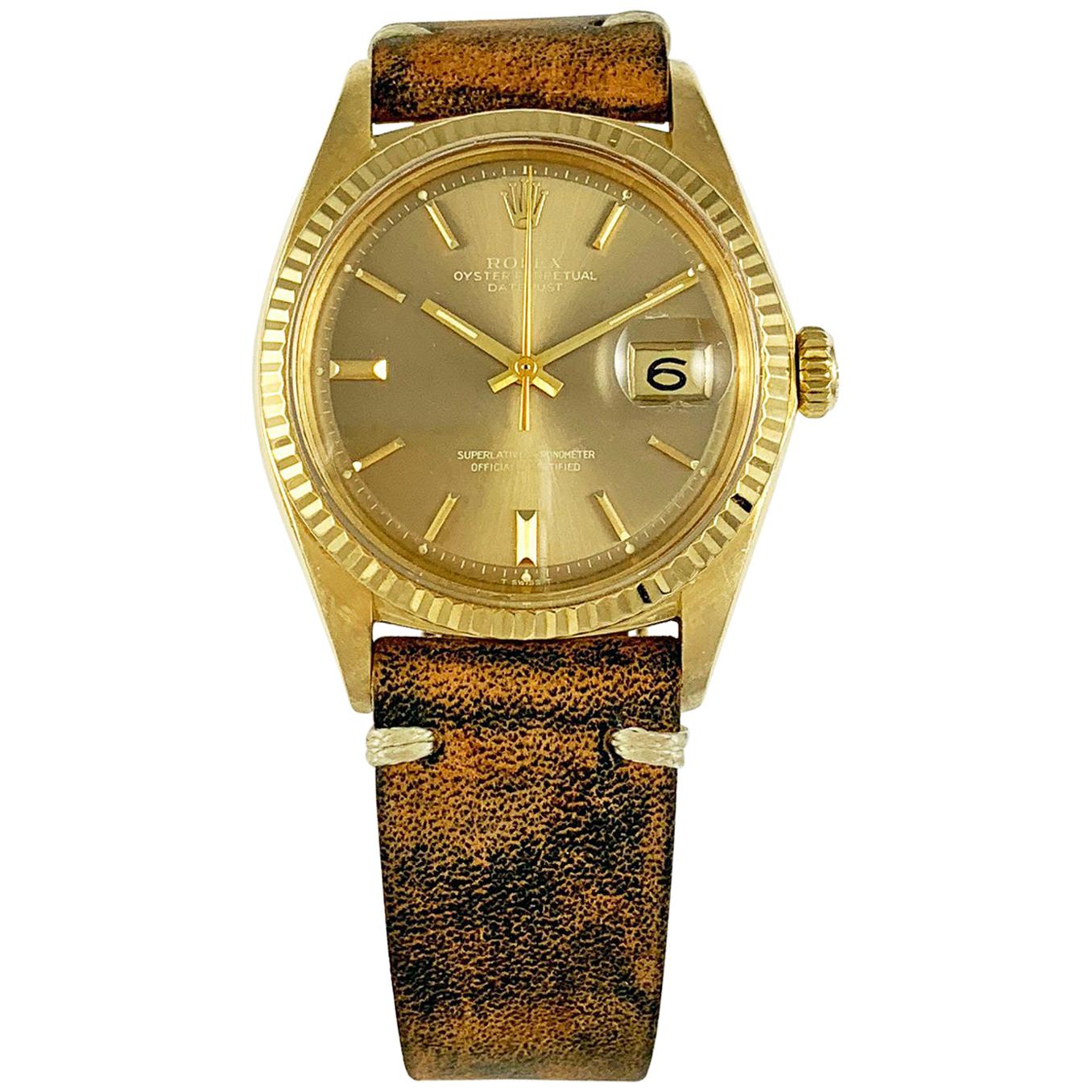 Rolex 18K Yellow Gold Datejust with Taupe Mirror Dial Wristwatch, 1960s