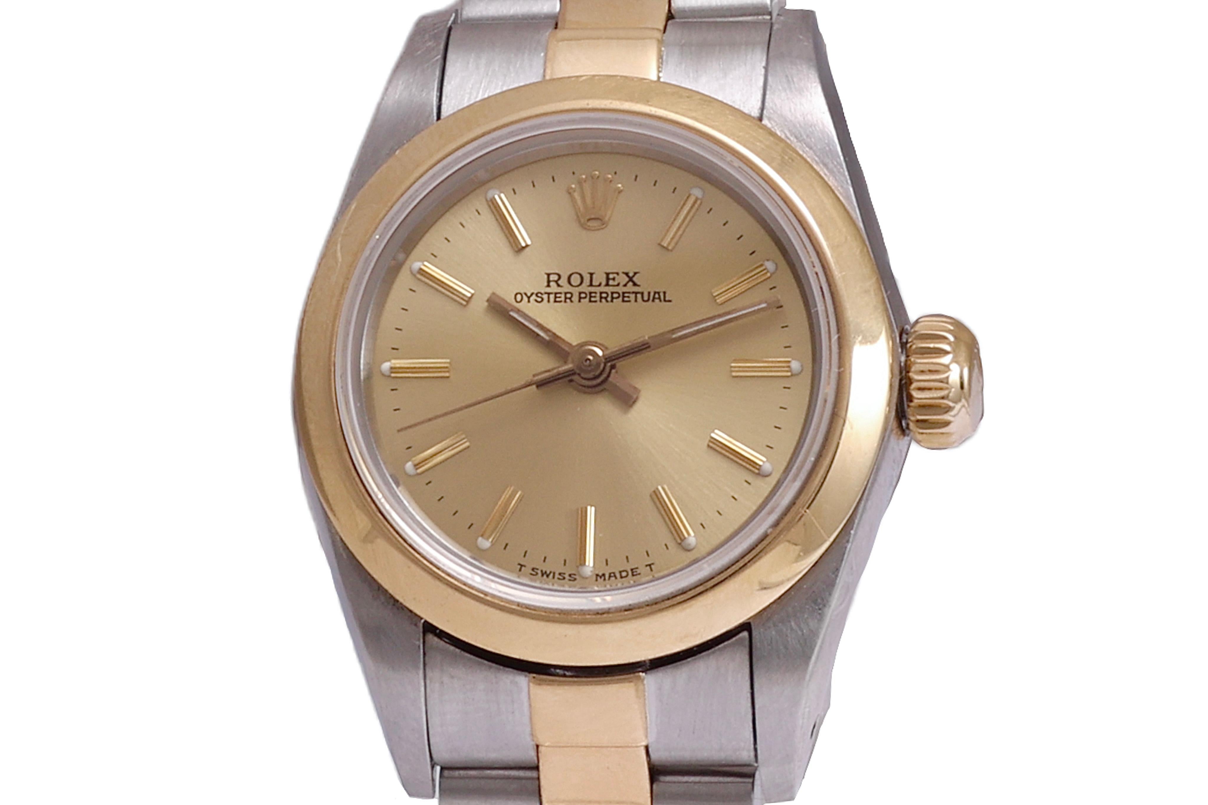 Rolex 18 Kt Gold & Steel Ref 67183 Lady Oyster Perpetual

Case : Gold & Steel 25mm

Strap : Steel & Gold , to Fit a 16 Cm Wrist (links can be added)

Glass : Sapphire Crystal

Dial : Gold / Champagne