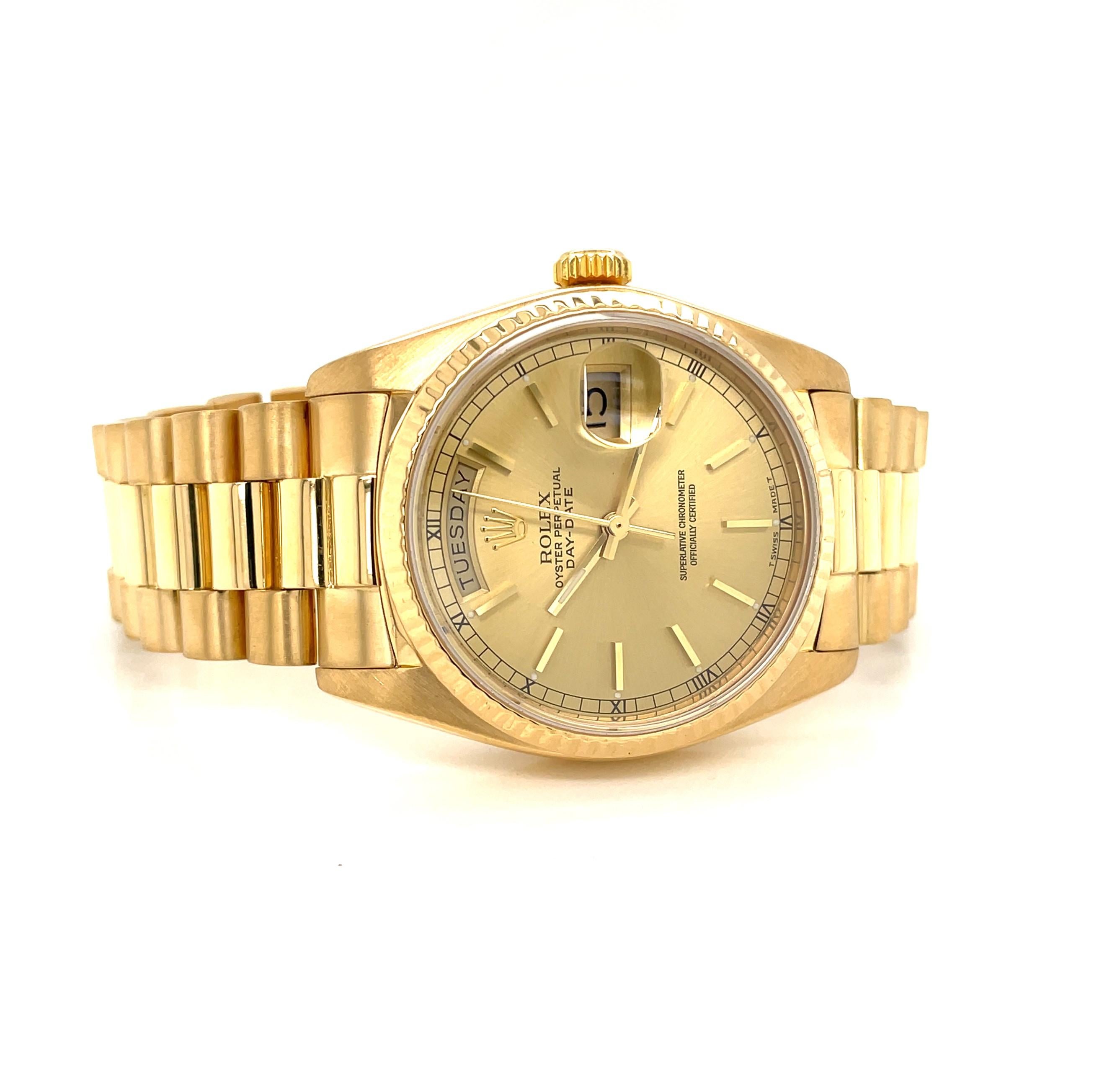 Rolex 18 Kt Gelbgold President 3055 Herrenarmbanduhr mit Armband, Box, Papieren im Zustand „Hervorragend“ im Angebot in Mount Kisco, NY