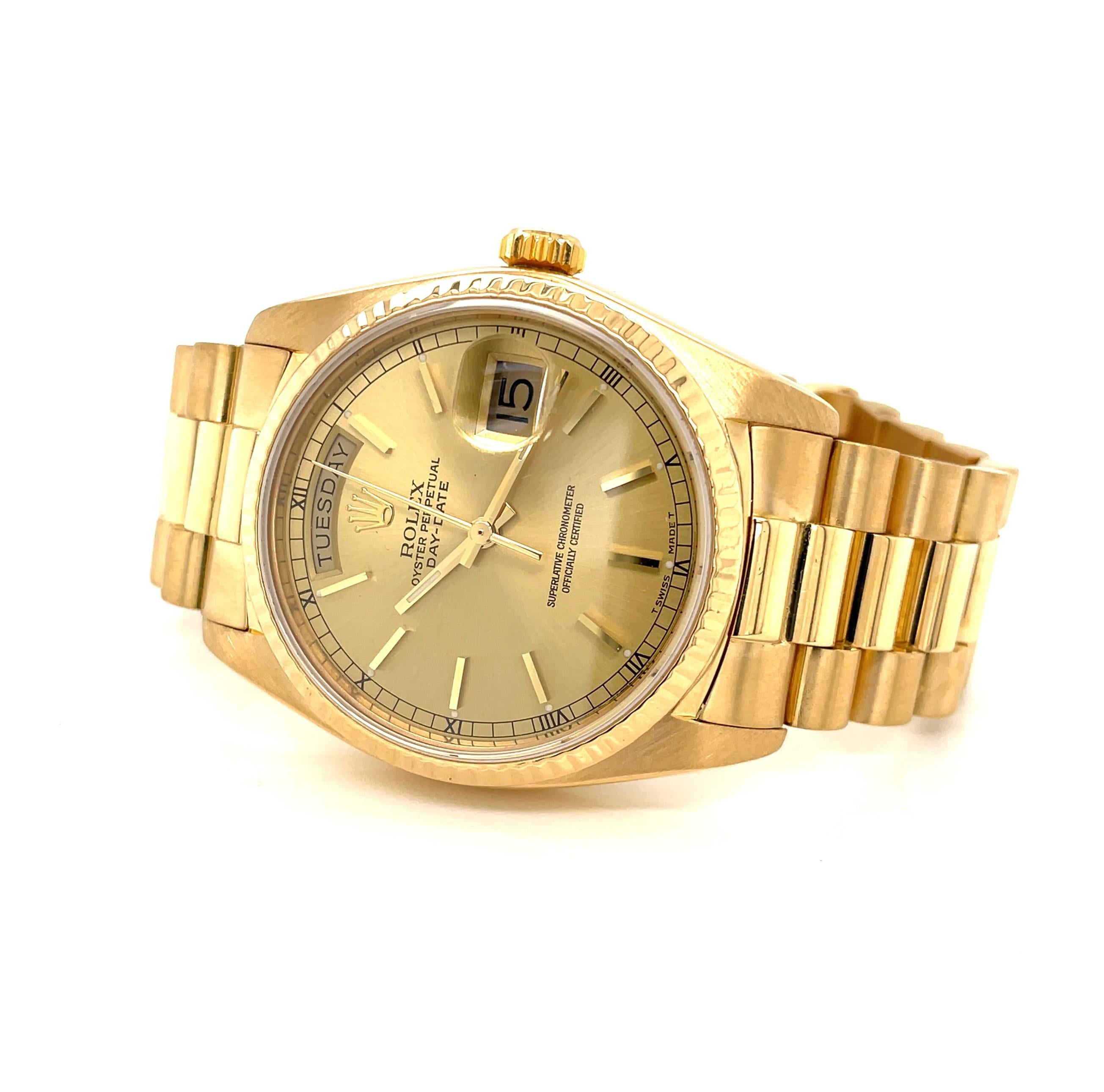 Rolex 18 Kt Yellow Gold President 3055 Men's Wrist Watch w Bracelet, Box, Papers In Excellent Condition For Sale In Mount Kisco, NY