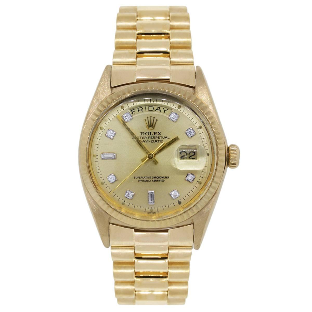 Brand: Rolex
MPN: 1803
Model: Day Date
Case Material: 18k yellow gold
Case Diameter: 36mm
Crystal: Plastic crystal
Bezel: 18k yellow gold fluted bezel
Dial: Champagne diamond dial with date window at the 3 o’clock position and day window at 12