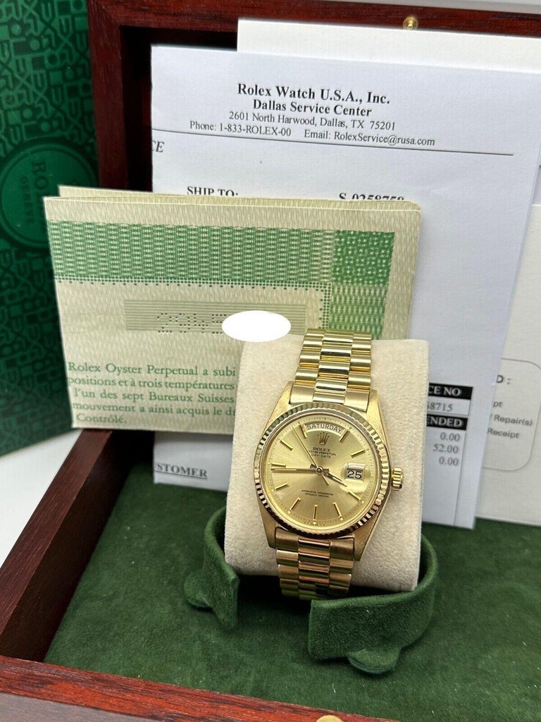 Men's Rolex 1803 President Day Date 18K Yellow Gold Box Paper Service Paper