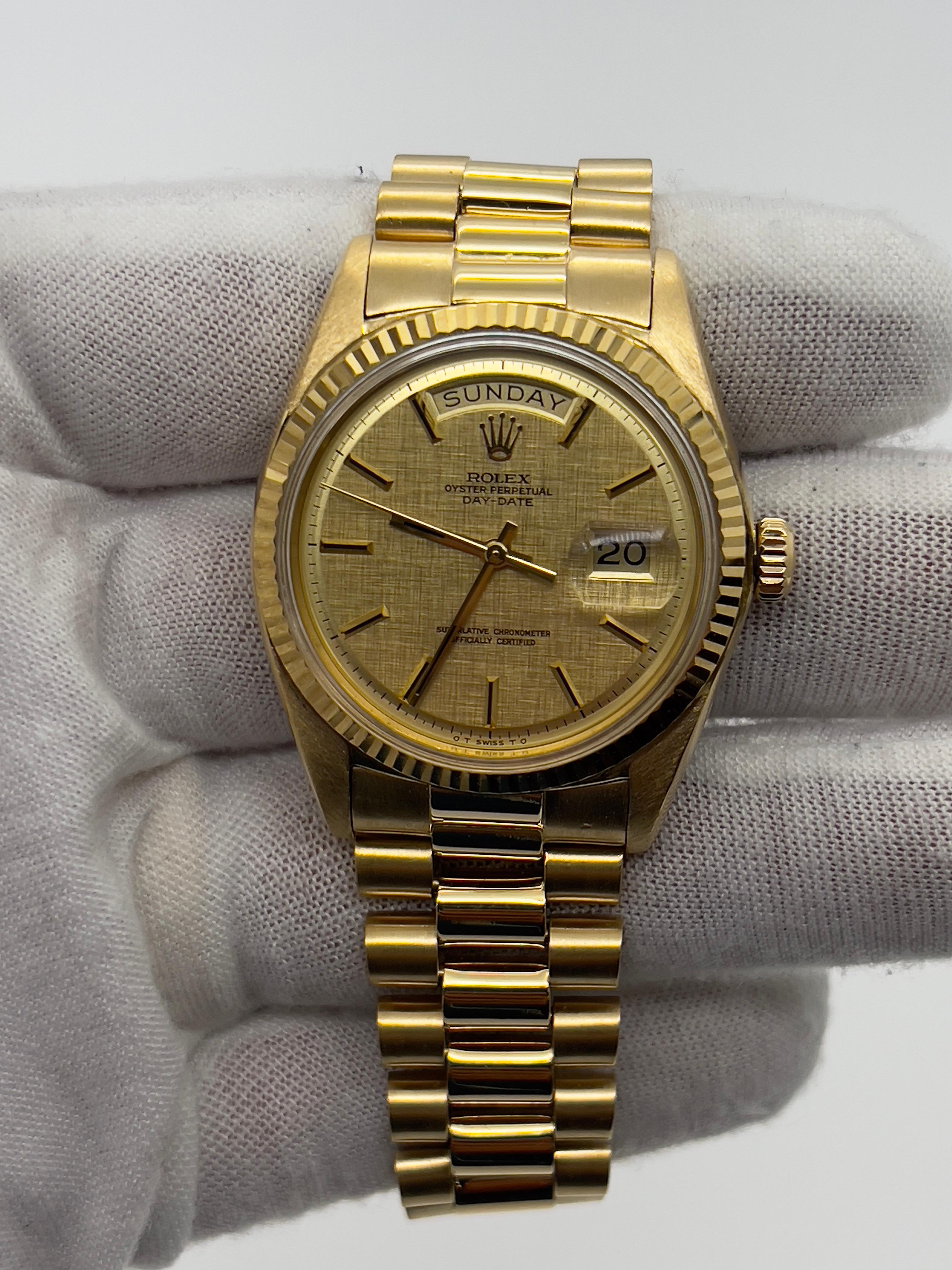 Rolex 1803 President Day Date 36mm Champagne Linen Pie Pan Dial 18K Yellow Gold In Excellent Condition In San Diego, CA