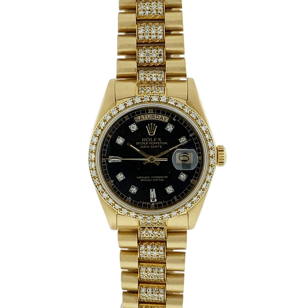 Company - Rolex
Model - 18038 Day-Date Single Quick President
Case Metal - 18k Yellow Gold
Case Measurement - 36mm
Bracelet - Custom 18k Yellow Gold & Diamonds- Fits Wrist Size - 7.5