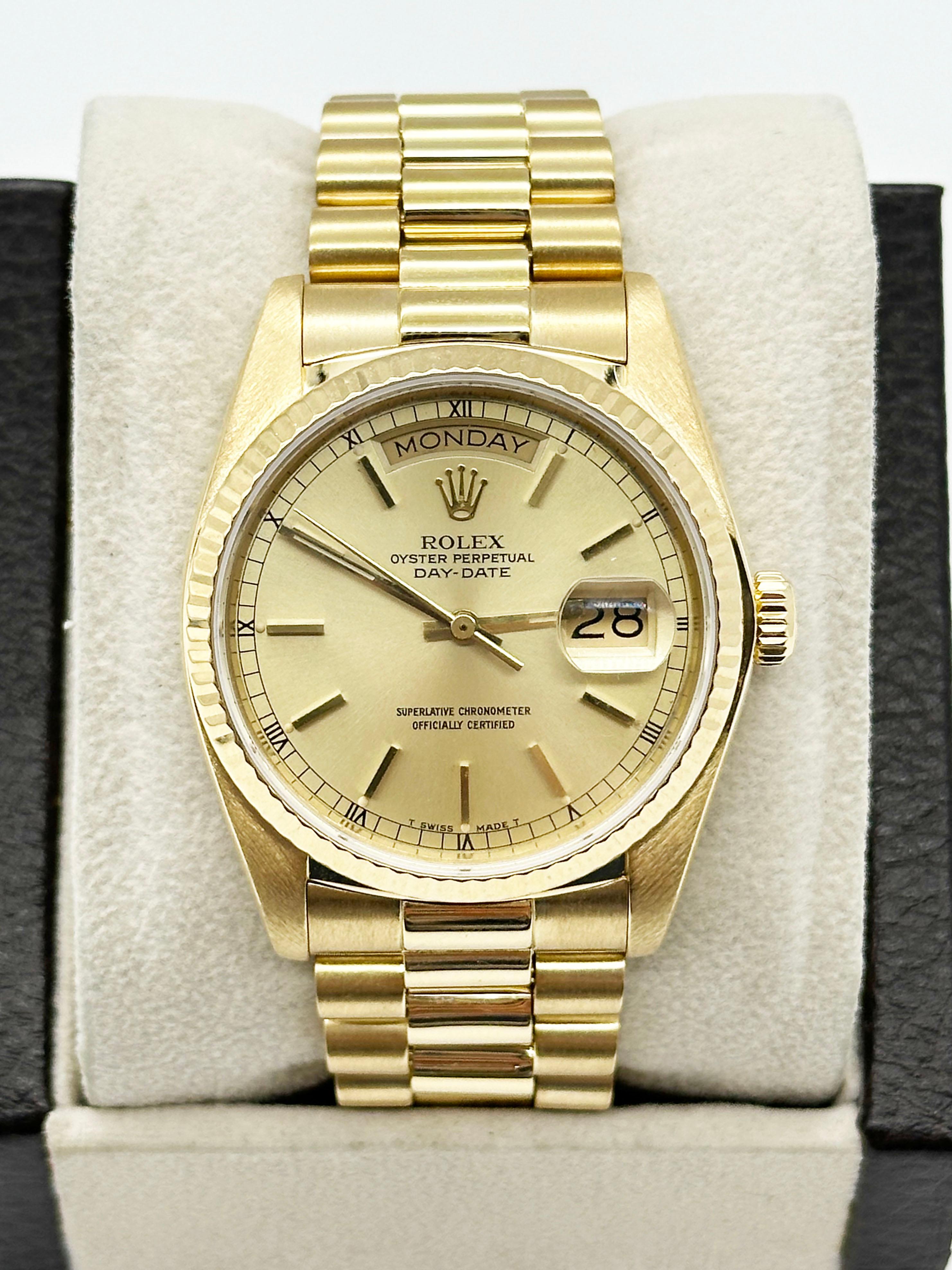 Style Number: 18038



Serial: 8074***



Year: 1984

 

Model: President Day Date 

 

Case Material: 18K Yellow Gold 

 

Band:  18K Yellow Gold 

 

Bezel:  18K Yellow Gold 

 

Dial: Champagne 

 

Face: Sapphire Crystal 

 

Case Size: 36mm 

