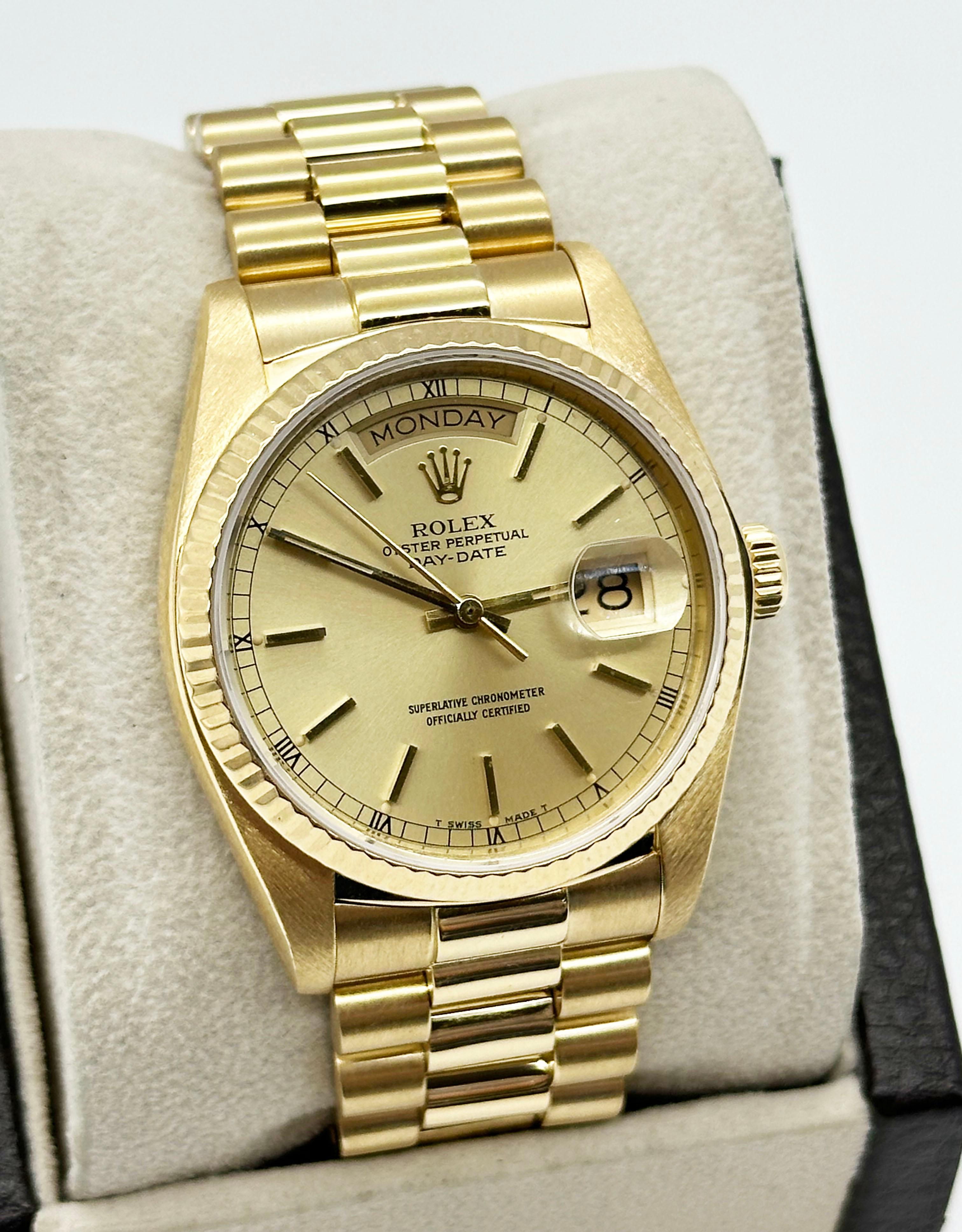 Rolex 18038 President Day Date 36mm Champagne Dial 18K Yellow Gold In Excellent Condition In San Diego, CA