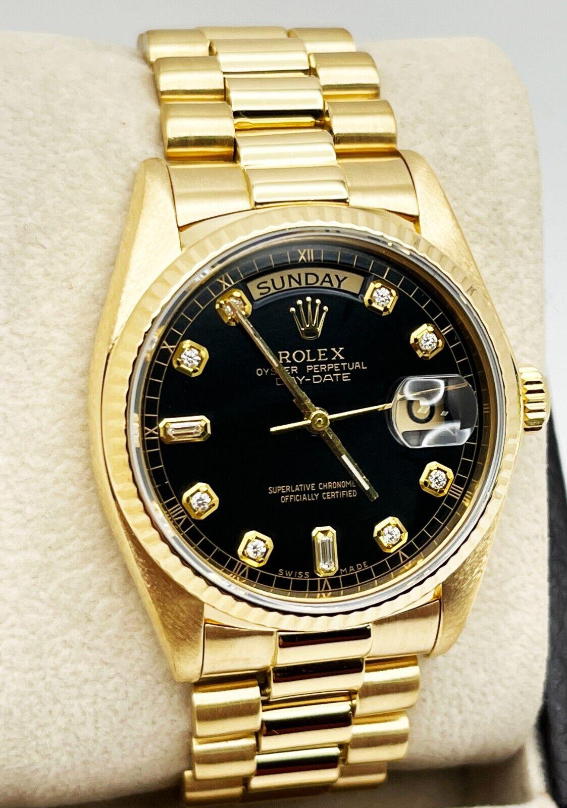 Rolex 18038 President Day Date Black Diamond Dial 18K Yellow Gold For Sale