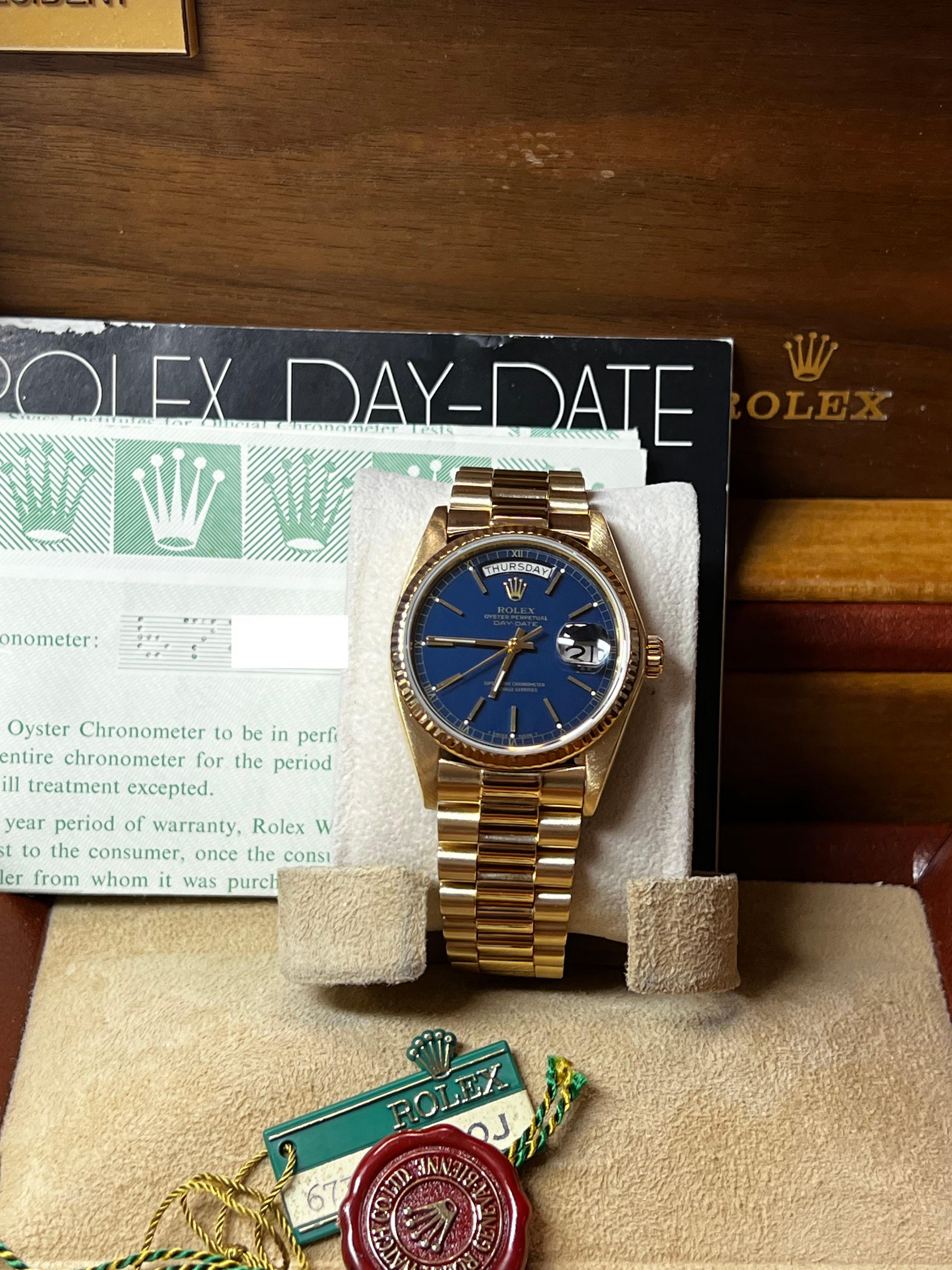 Rolex 18038 President Day Date Blue Dial 18K Yellow Gold Box Paper 8
