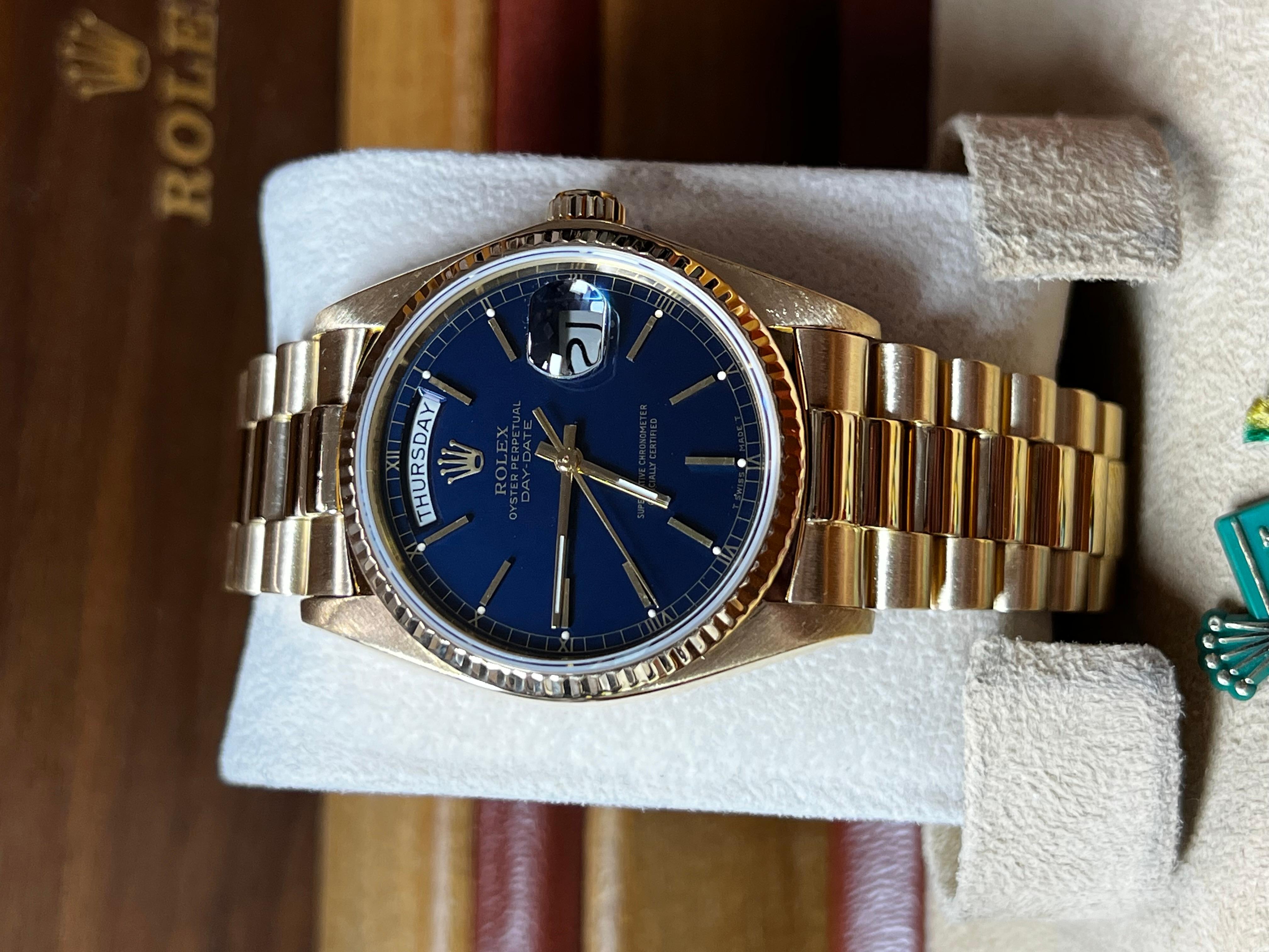 Rolex 18038 President Day Date Blue Dial 18K Yellow Gold Box Paper 10