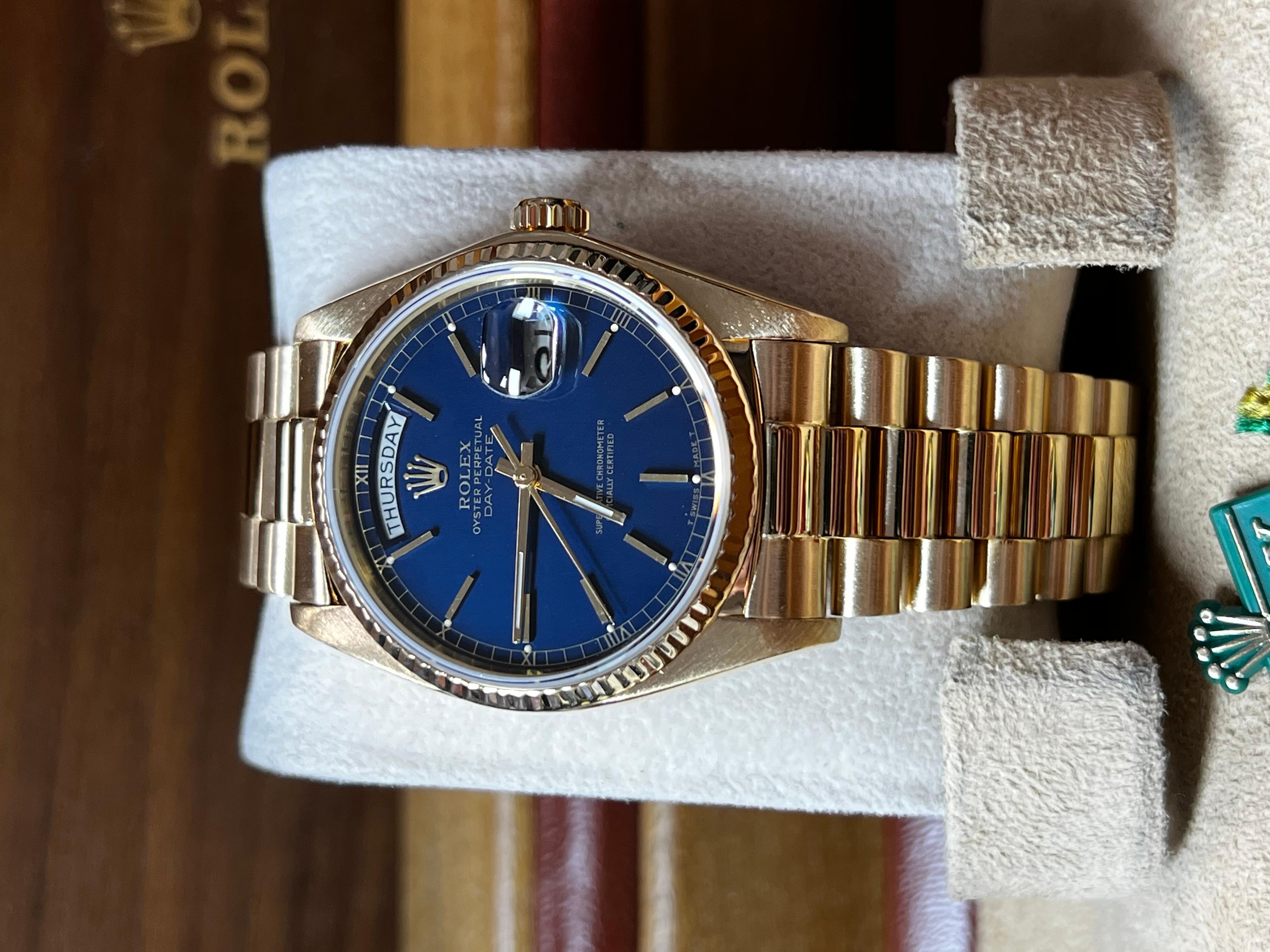 Rolex 18038 President Day Date Blue Dial 18K Yellow Gold Box Paper 12