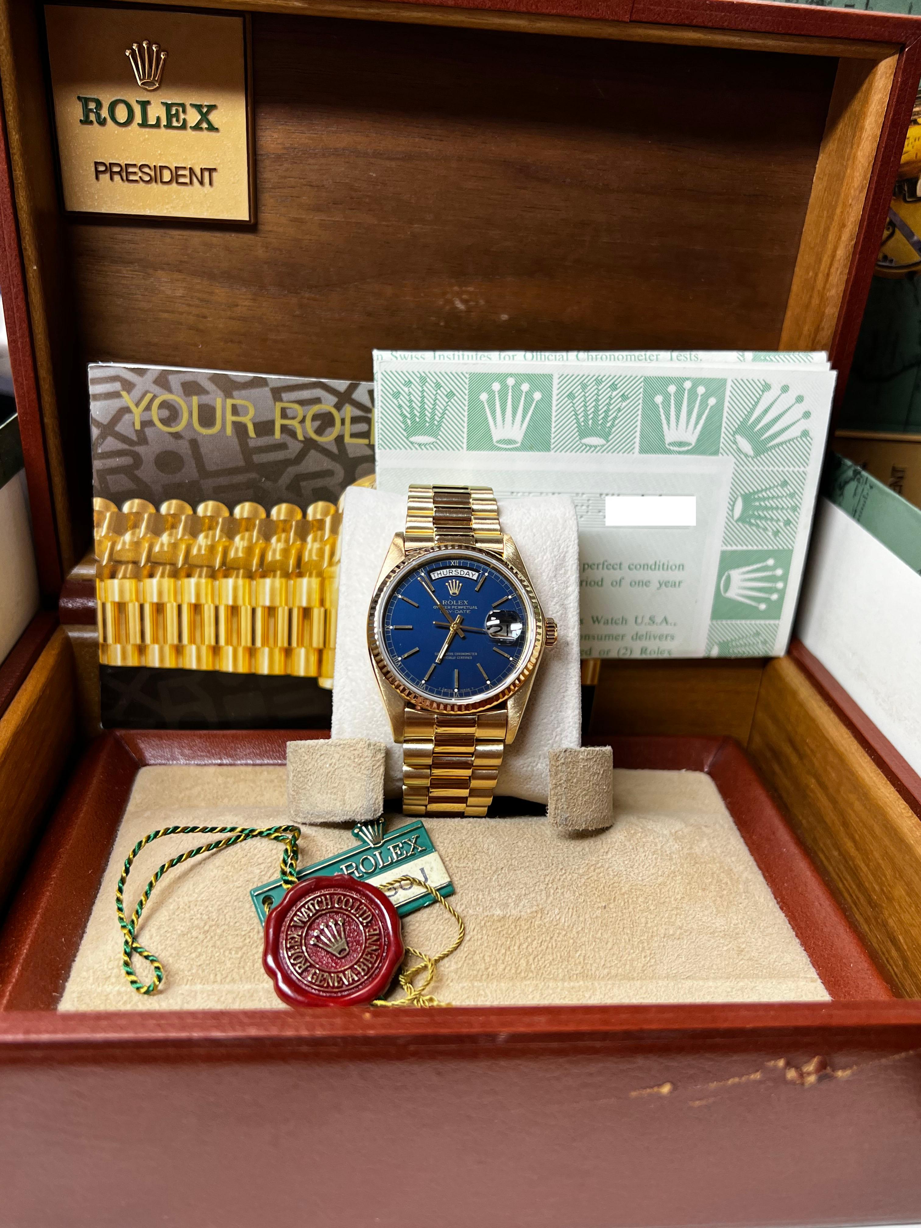Rolex 18038 President Day Date Blue Dial 18K Yellow Gold Box Paper 13
