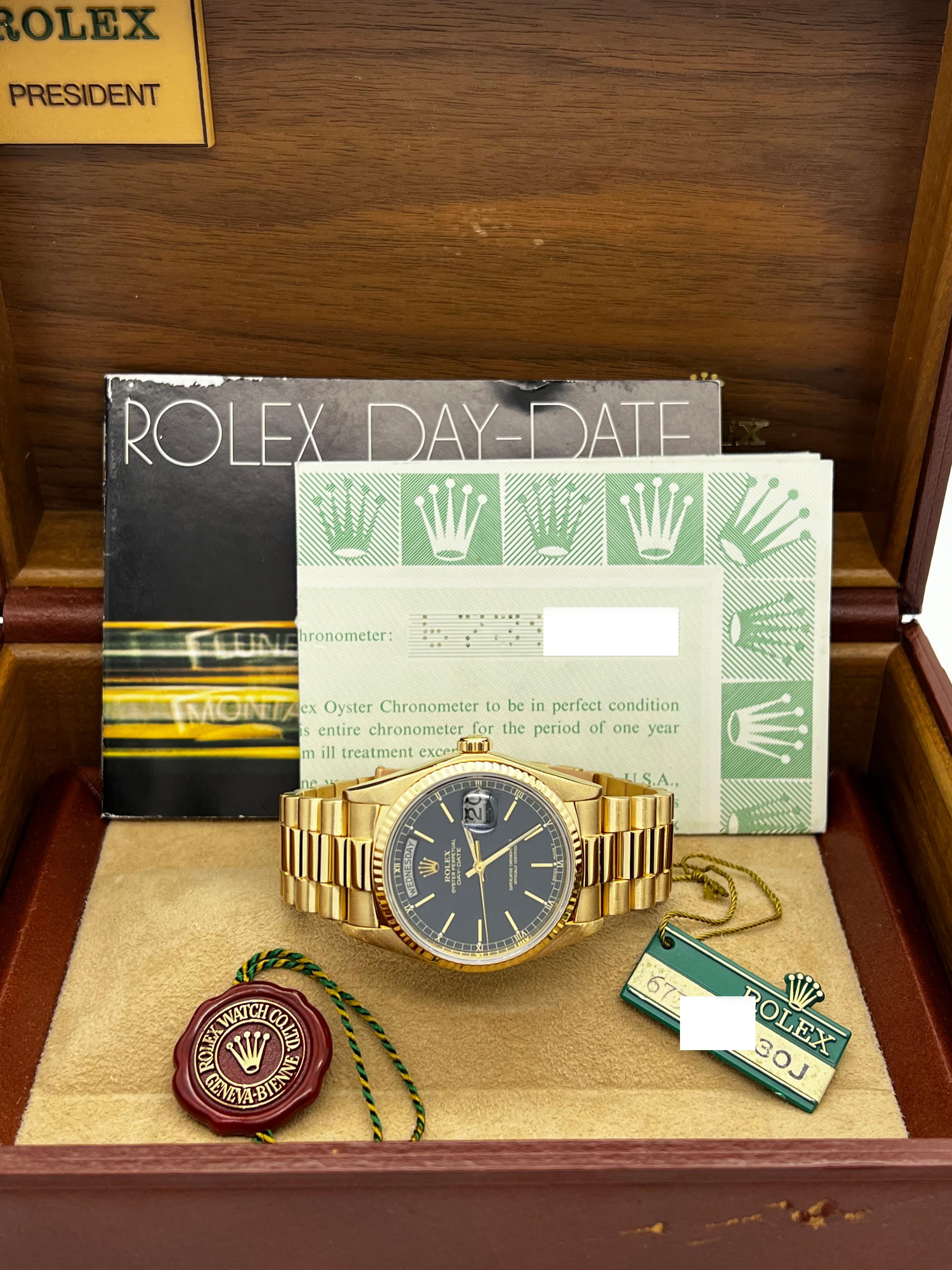 Rolex 18038 President Day Date Blue Dial 18K Yellow Gold Box Paper 1