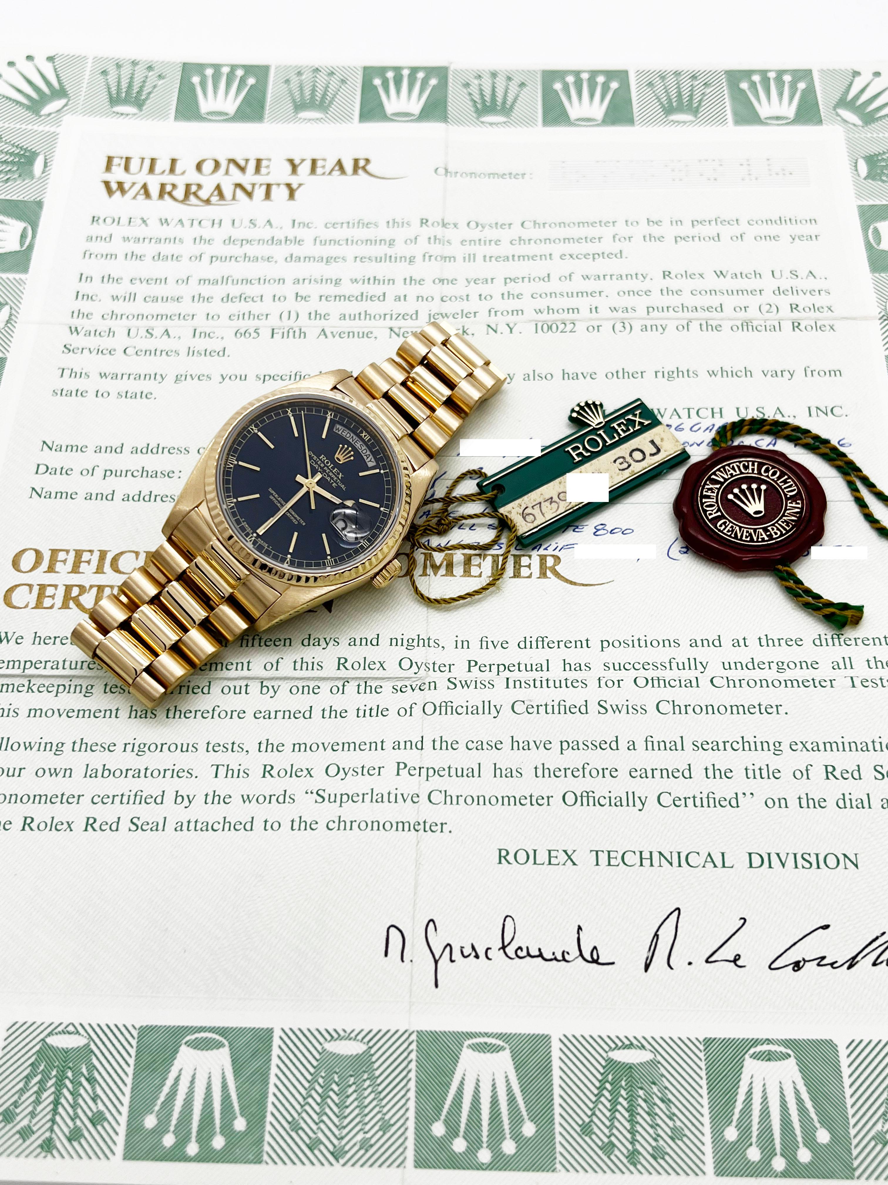 Rolex 18038 President Day Date Blue Dial 18K Yellow Gold Box Paper 3