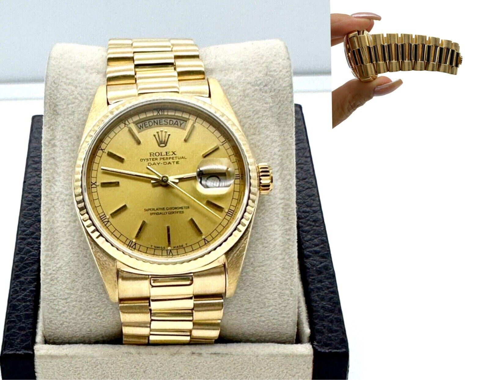 Style Number: 18038

Serial: 9142***

Year: 1986

Model: President Day Date

Case Material: 18K Yellow Gold 

Band: 18K Yellow Gold 

Bezel: 18K Yellow Gold 
 
Dial: Champagne  

Face: Sapphire Crystal  

Case Size: 36mm 

Includes: 

-Rolex
