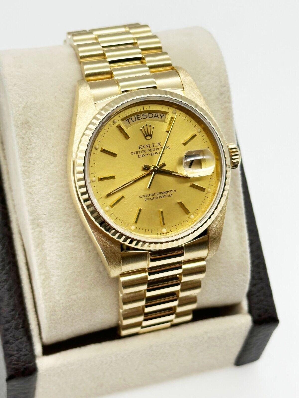 Style Number: 18038

Serial: 7347***

Year: 1982

Model: President Day Date

Case Material: 18K Yellow Gold 

Band: 18K Yellow Gold 

Bezel: 18K Yellow Gold 

Dial: Champagne

Face: Sapphire Crystal 

Case Size: 36mm 

Includes: 

-Elegant Watch