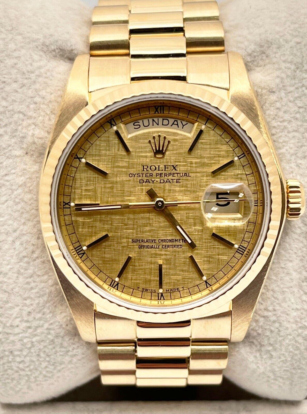 Rolex President Day Date 18038 Champagner Leinen Zifferblatt 18K Gelbgold Box Papier 7