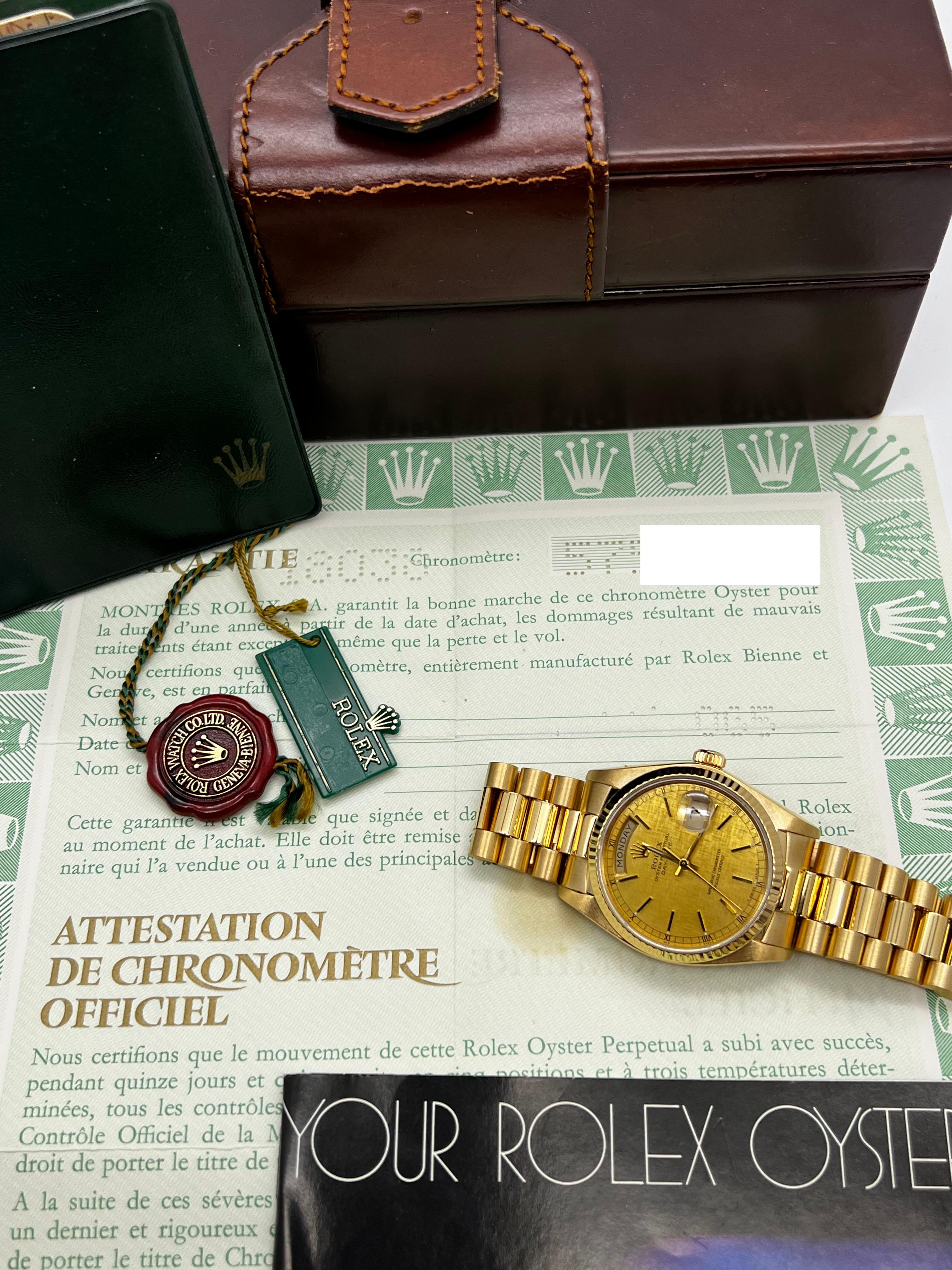 Rolex President Day Date 18038 Champagner Leinen Zifferblatt 18K Gelbgold Box Papier 8