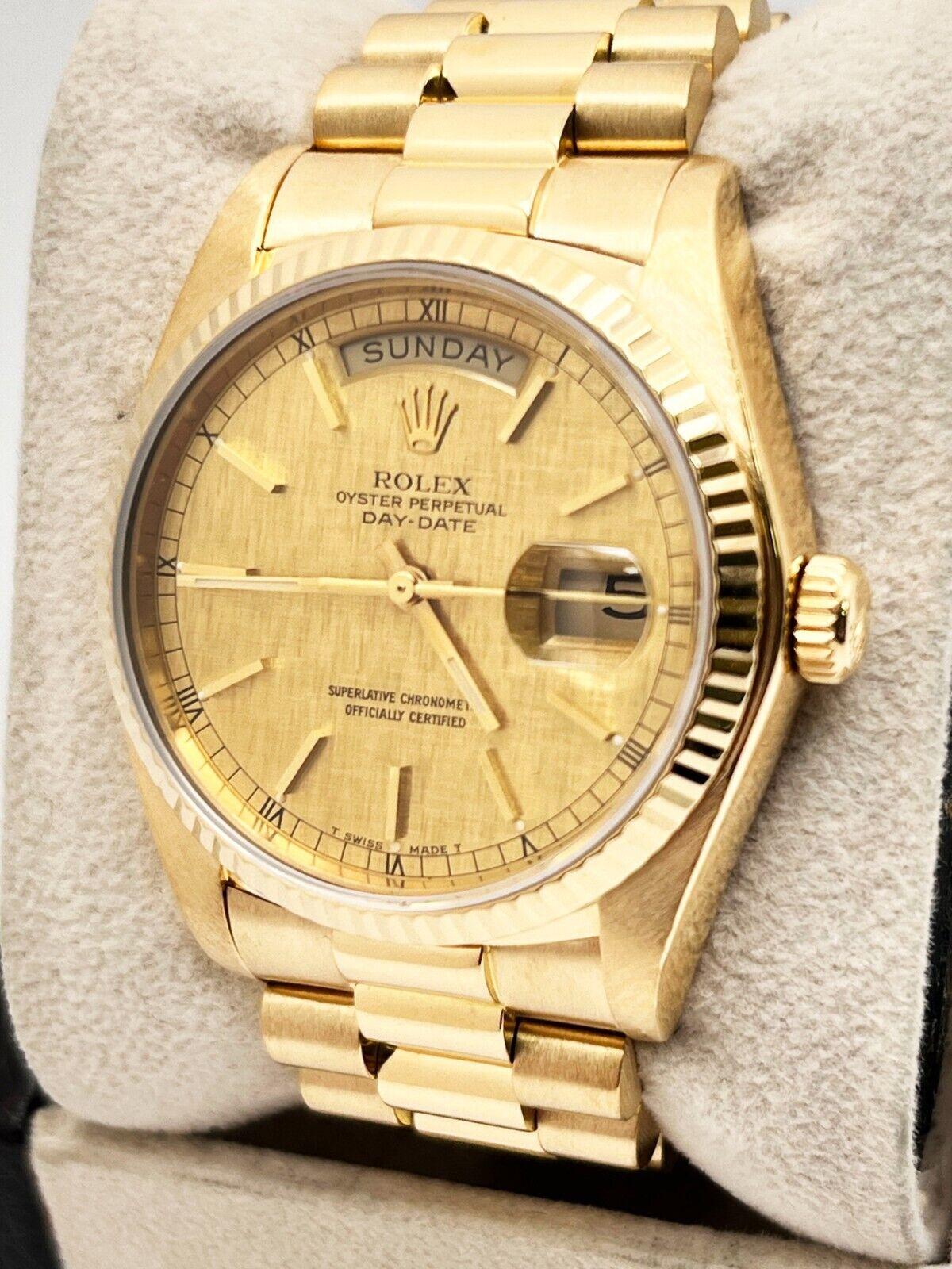 Rolex President Day Date 18038 Champagner Leinen Zifferblatt 18K Gelbgold Box Papier im Zustand „Hervorragend“ in San Diego, CA