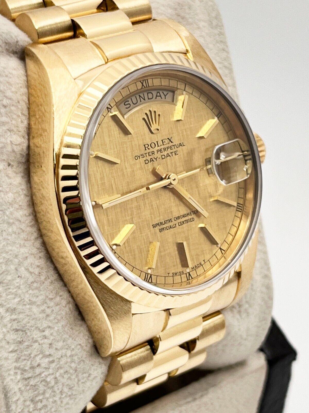 Rolex President Day Date 18038 Champagner Leinen Zifferblatt 18K Gelbgold Box Papier Herren