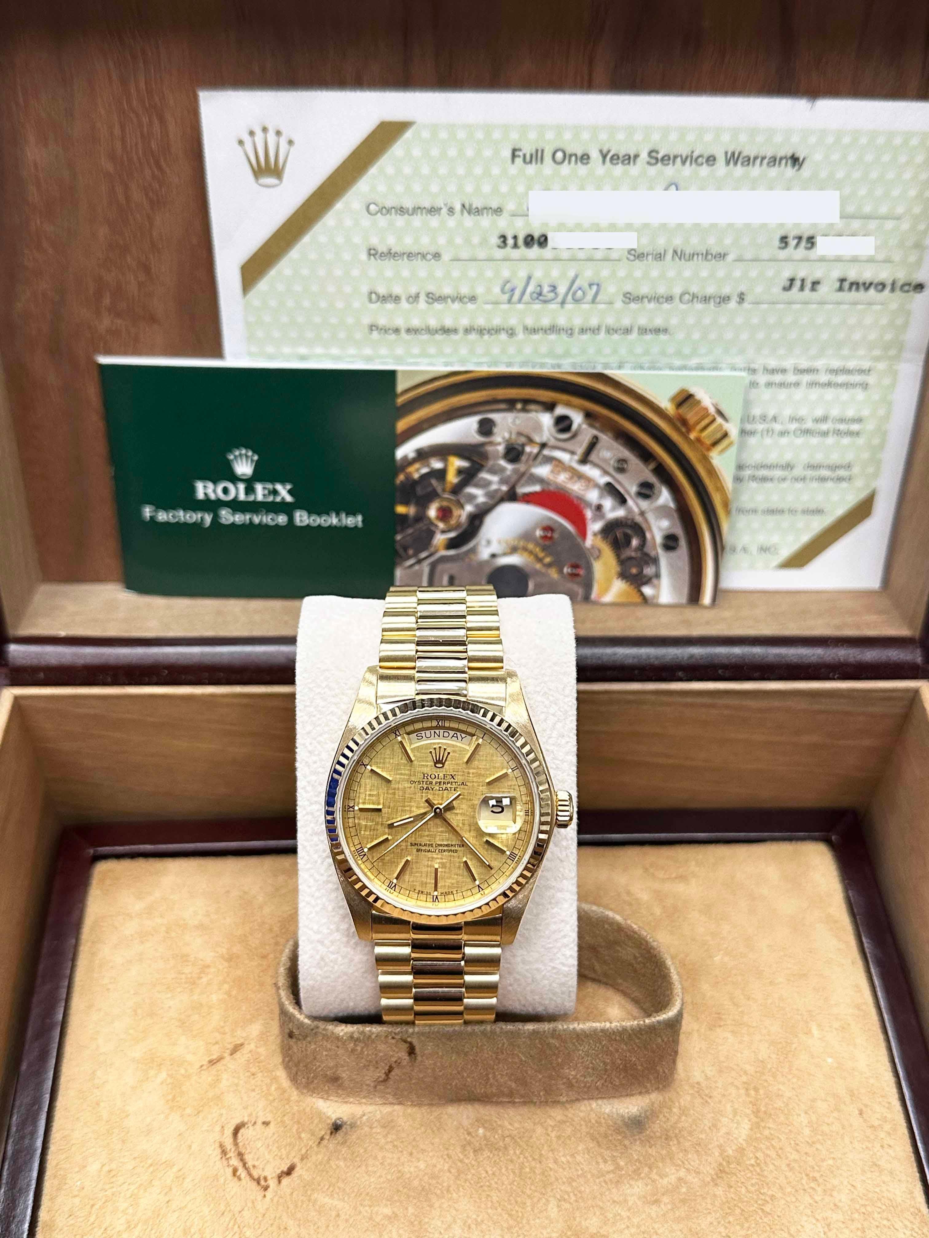 Rolex President Day Date 18038 Champagner Leinen Zifferblatt 18K Gelbgold Box Papier 3