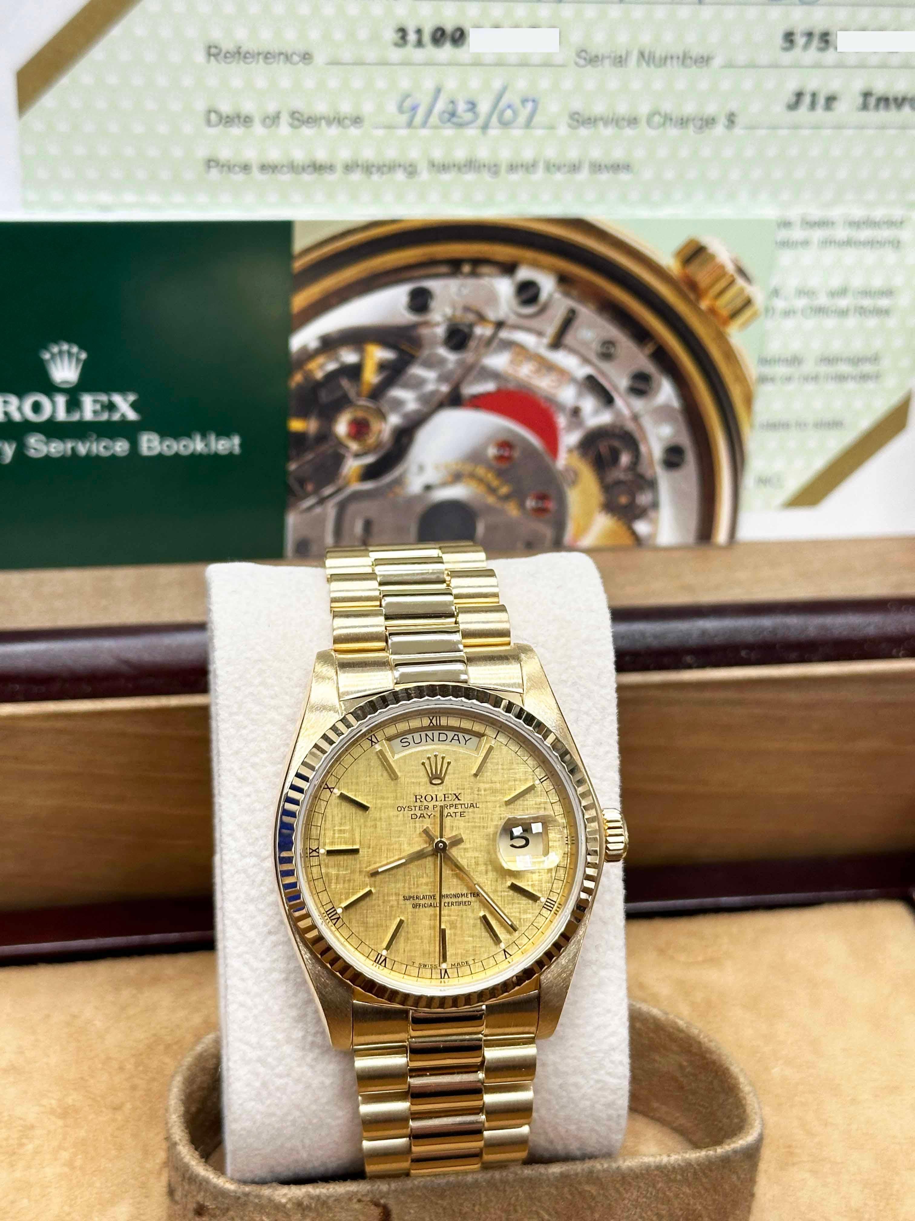 Rolex President Day Date 18038 Champagner Leinen Zifferblatt 18K Gelbgold Box Papier 6