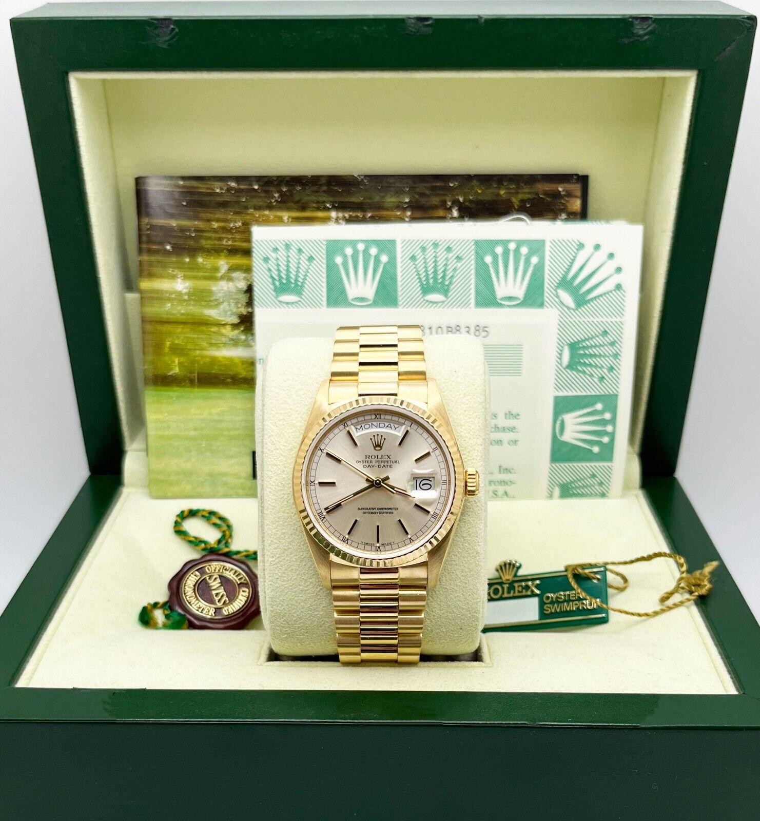 Rolex 18038 President Day Date Silver Dial 18K Yellow Gold Box Papers In Excellent Condition For Sale In San Diego, CA