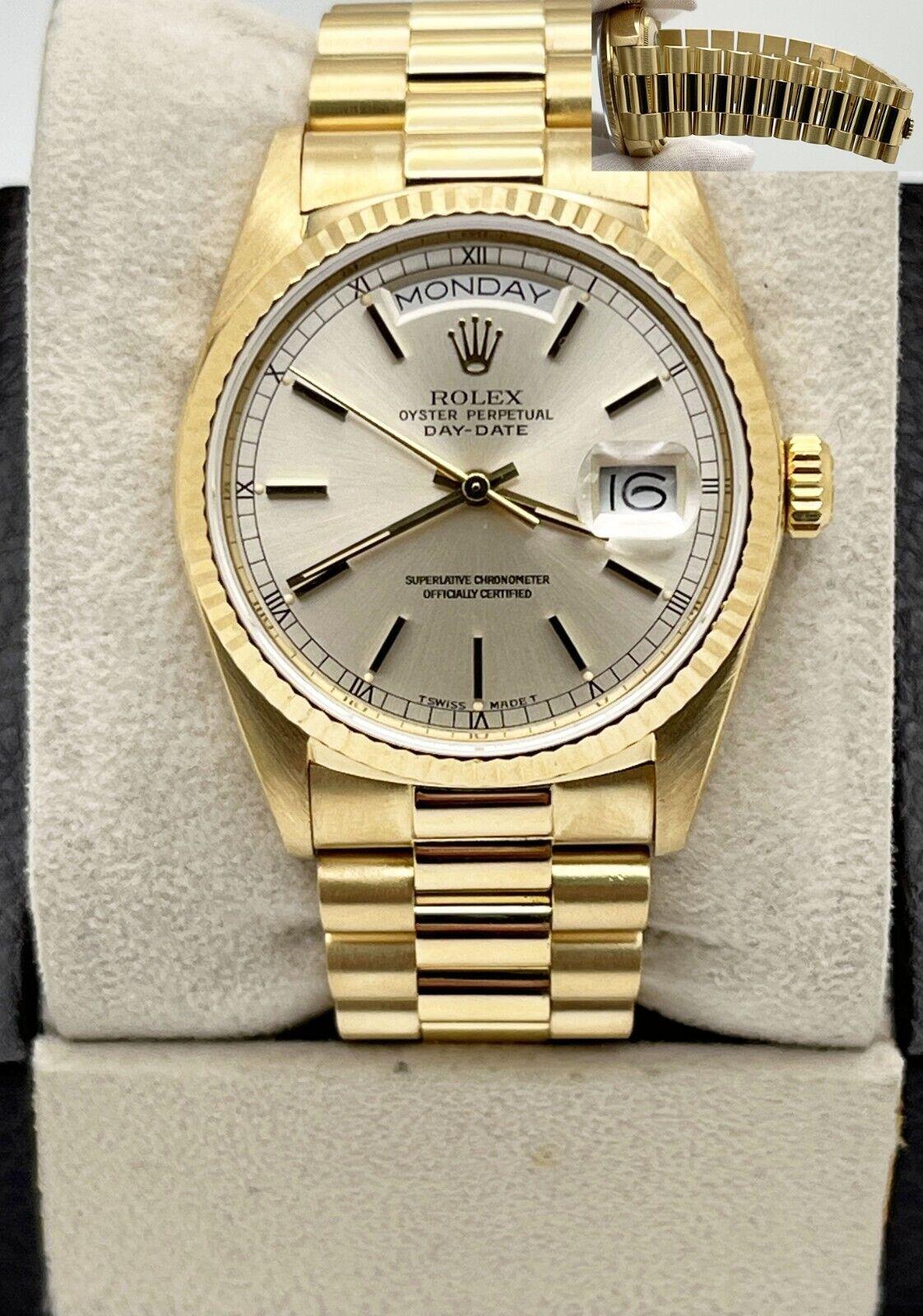 Women's or Men's Rolex 18038 President Day Date Silver Dial 18K Yellow Gold Box Papers For Sale