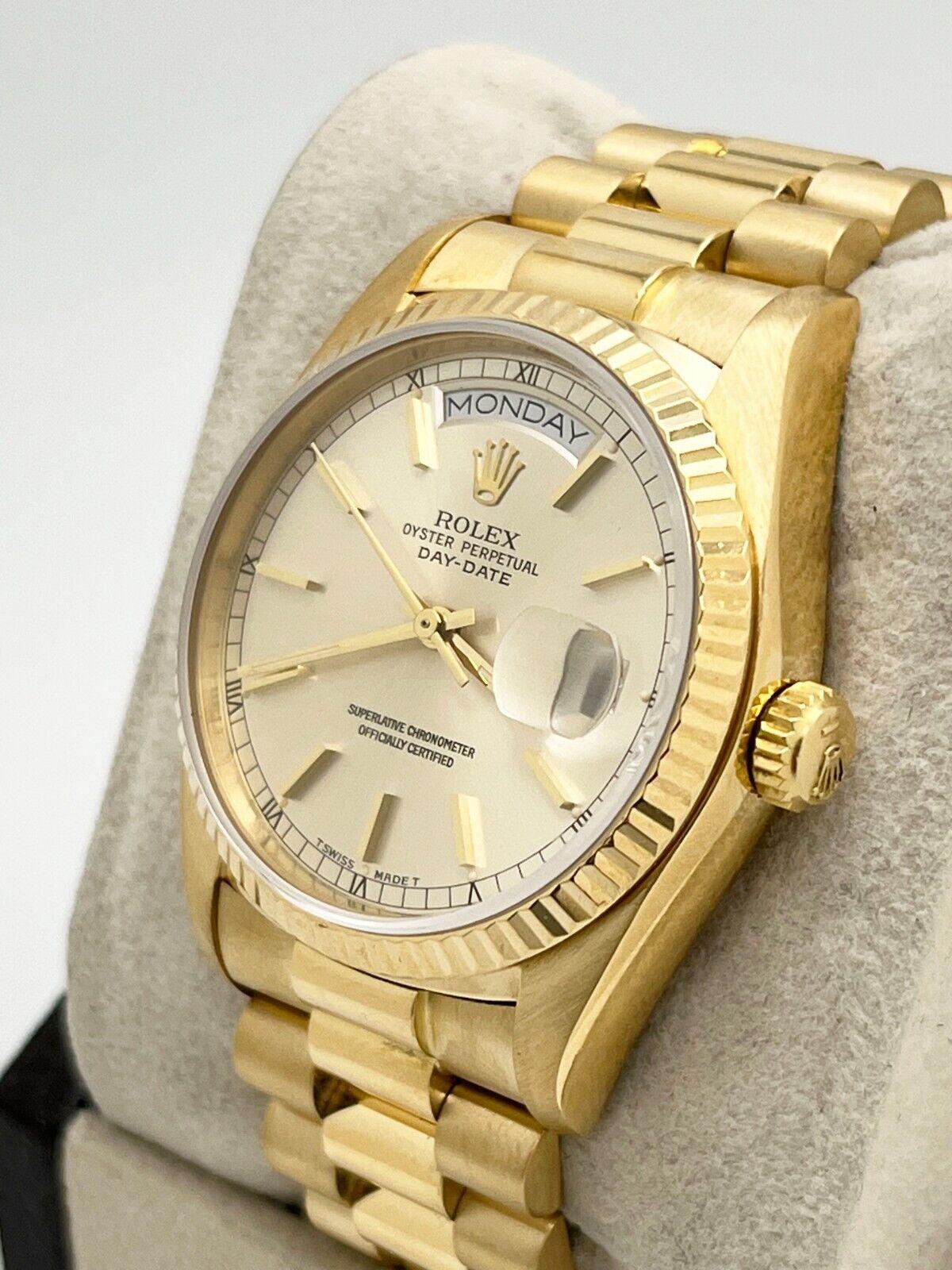 Rolex 18038 President Day Date Silver Dial 18K Yellow Gold Box Papers For Sale 1