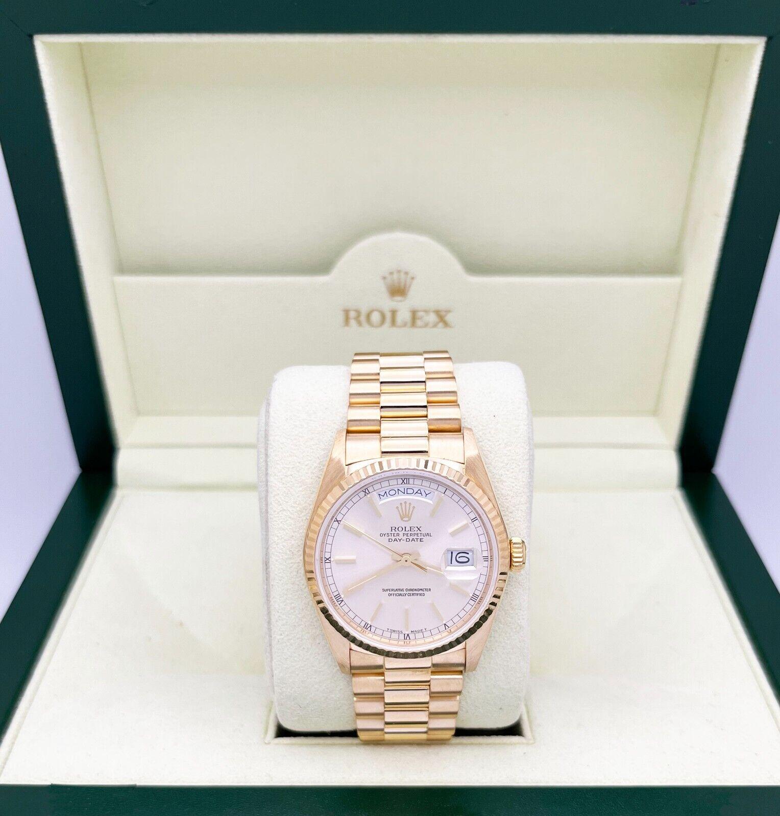 Rolex 18038 President Day Date Silver Dial 18K Yellow Gold Box Papers In Excellent Condition For Sale In San Diego, CA