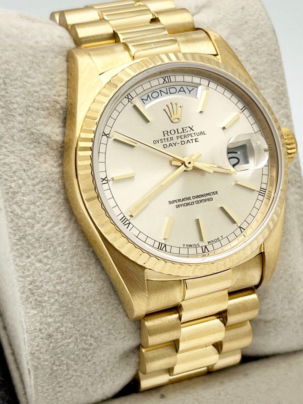 Rolex 18038 President Day Date Silver Dial 18K Yellow Gold Box Papers For Sale 4
