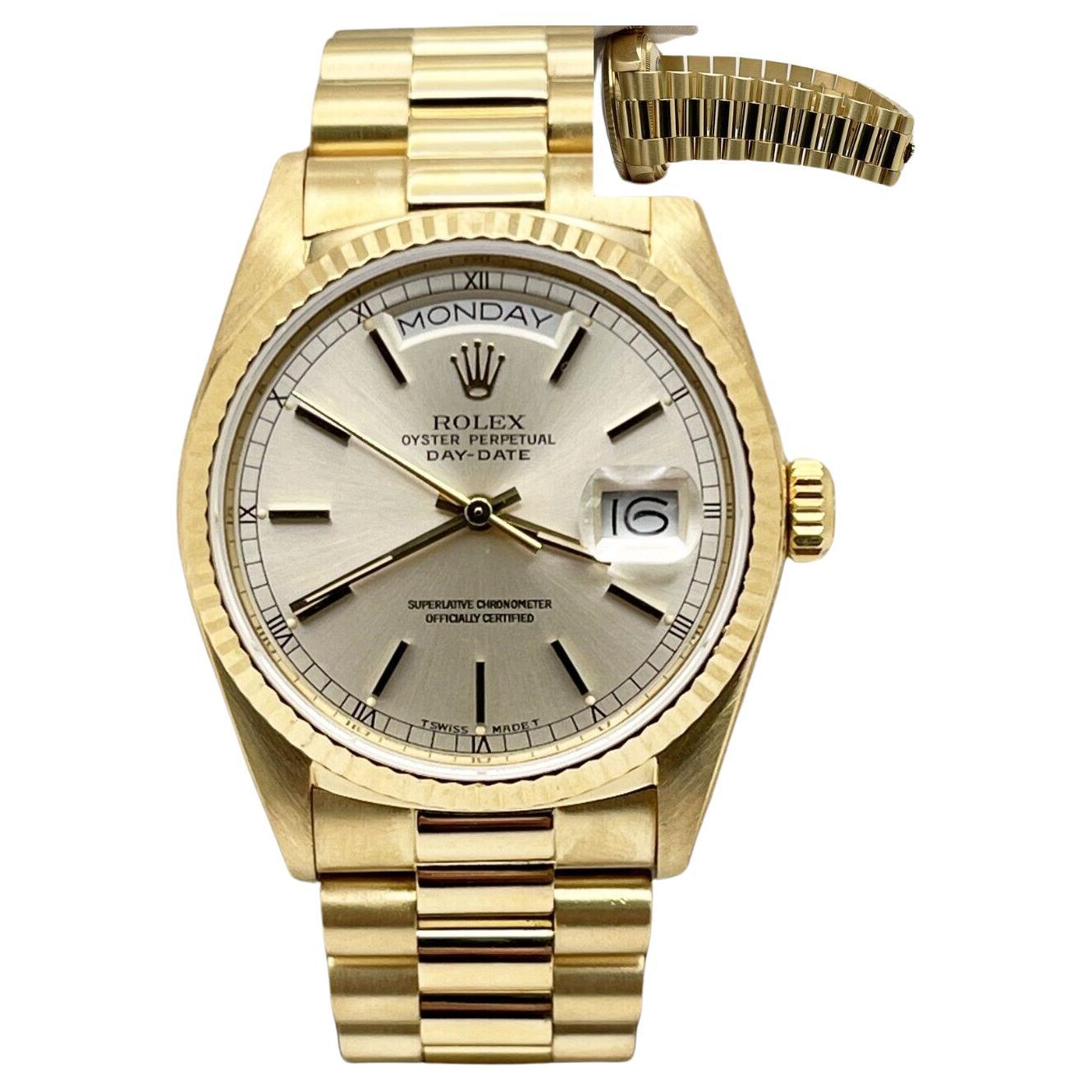 Rolex 18038 President Day Date Silver Dial 18K Yellow Gold Box Papers For Sale