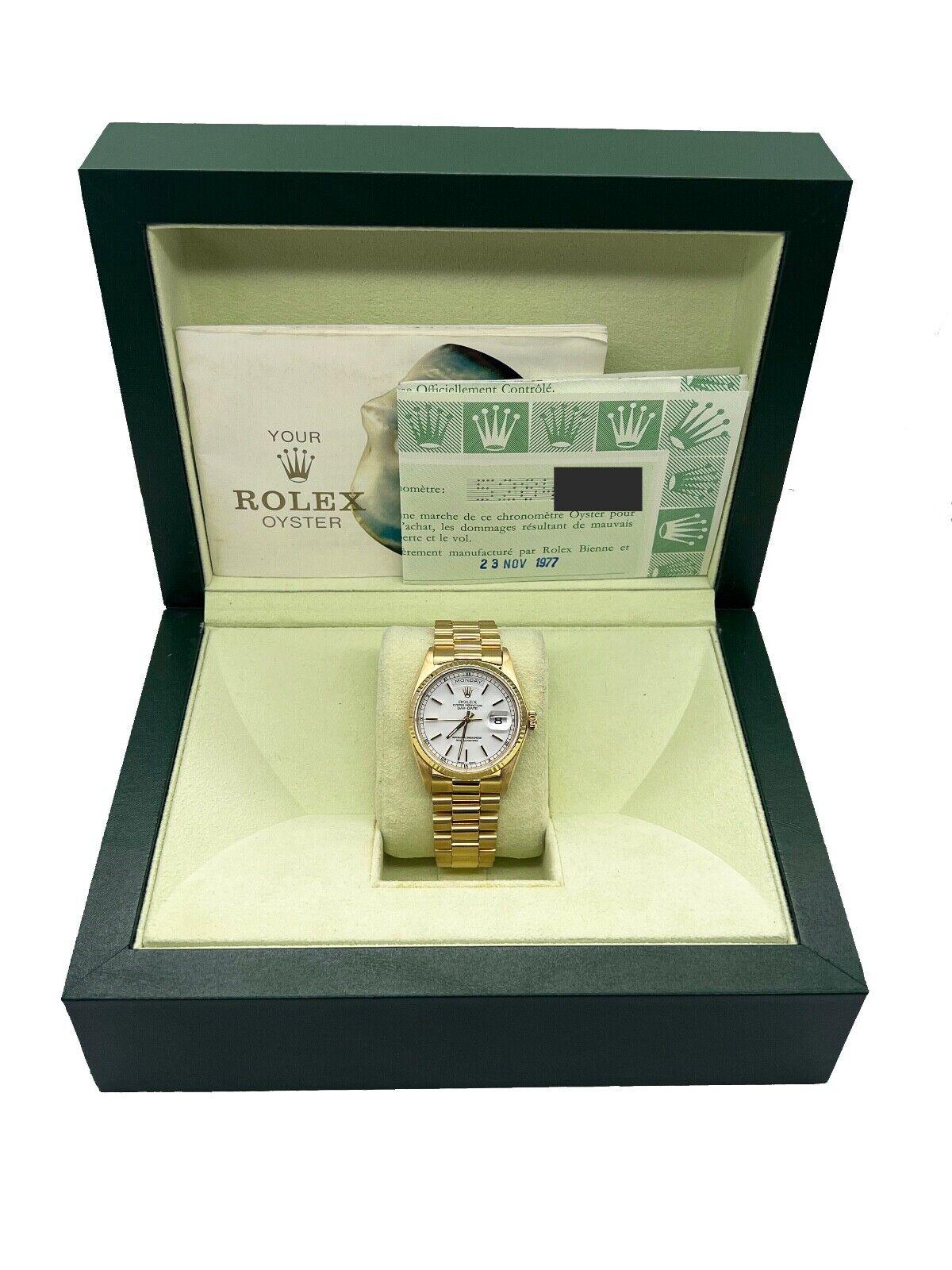 Rolex 18038 President Day Date Weißes Zifferblatt Box Papier für Damen oder Herren