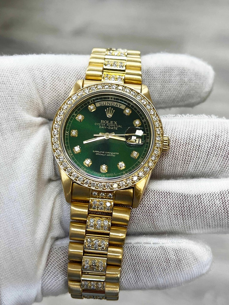Rolex President 18078 36mm Day Date Diamond Bezel Dial and Band 18K Yellow Gold For Sale at 1stDibs rolex presidential band day date band gold watch green face