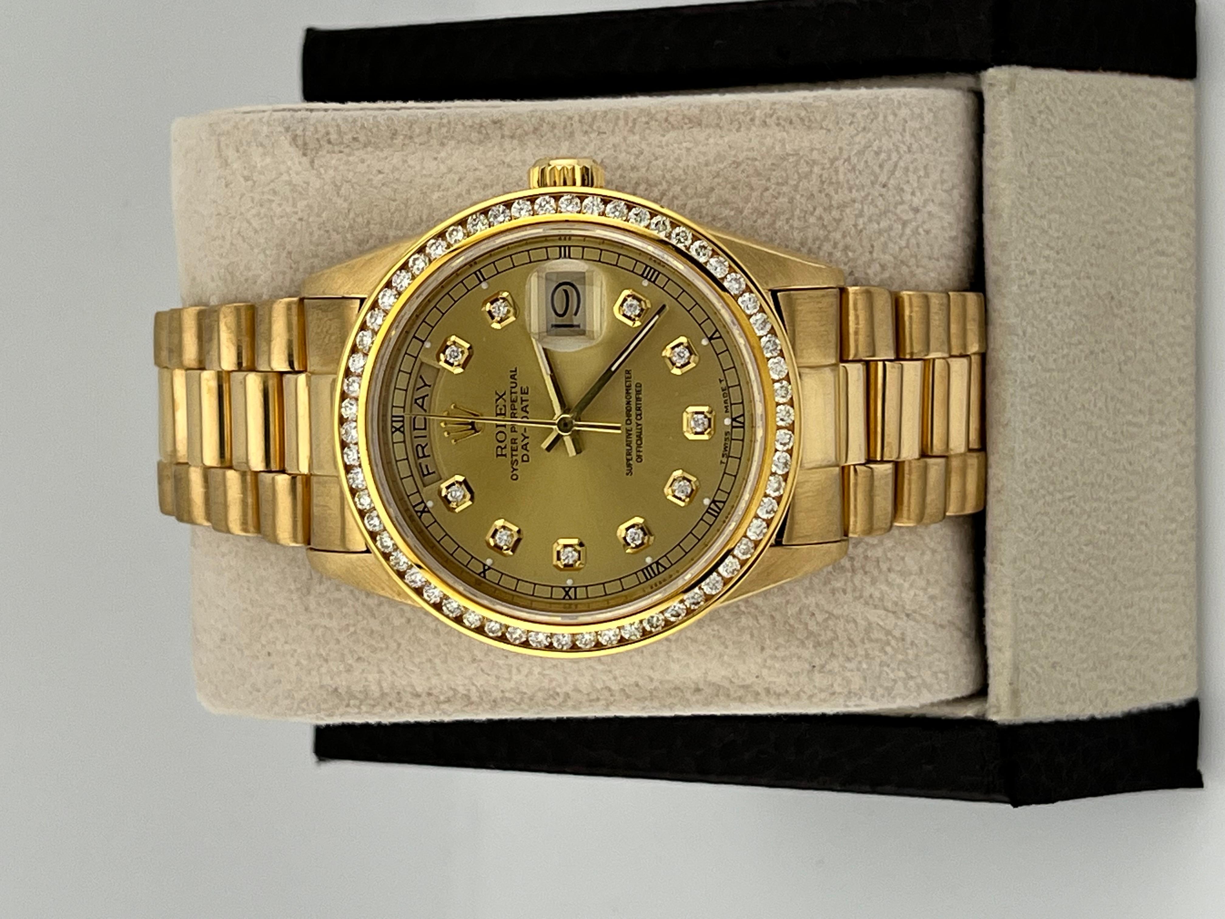 Style Number: 18078



Serial: 9312***



Year: 1986

 

Model: Rolex Day Date President 

 

Case Material: 18k Yellow Gold 

 

Band: Custom Band

 

Bezel: Custom Diamond Bezel 

 

Dial: Custom Champagne Diamond Dial 

 

Face: Sapphire Crystal
