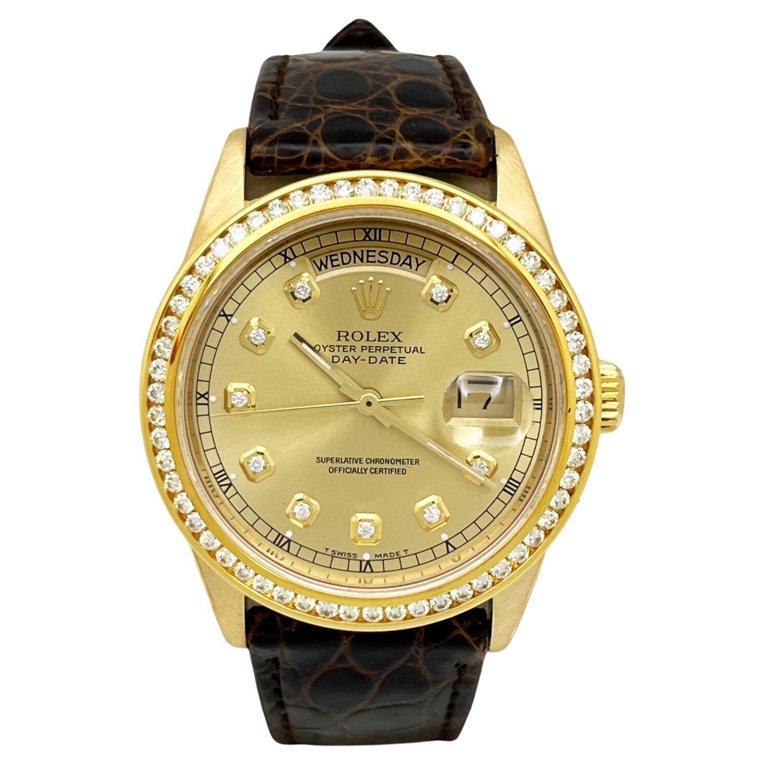 Rolex Montre President Day Date 18078 avec cadran en diamants et lunette en or jaune 18 carats en vente
