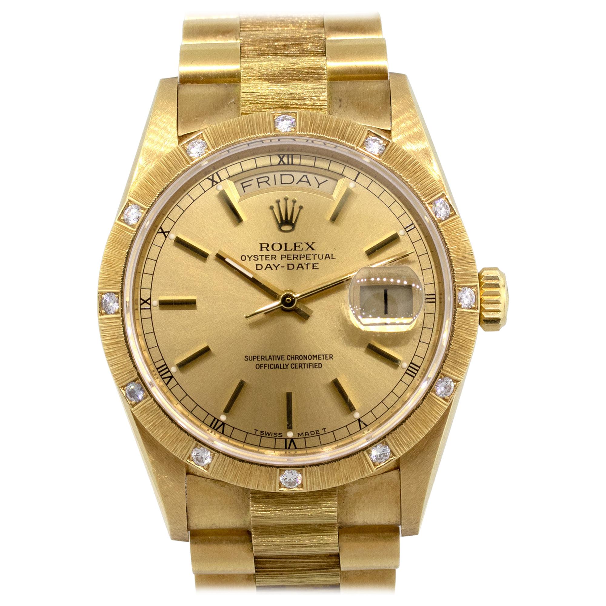 Rolex 18108 18 Karat Yellow Gold Day Date with Factory Diamond Bezel Watch