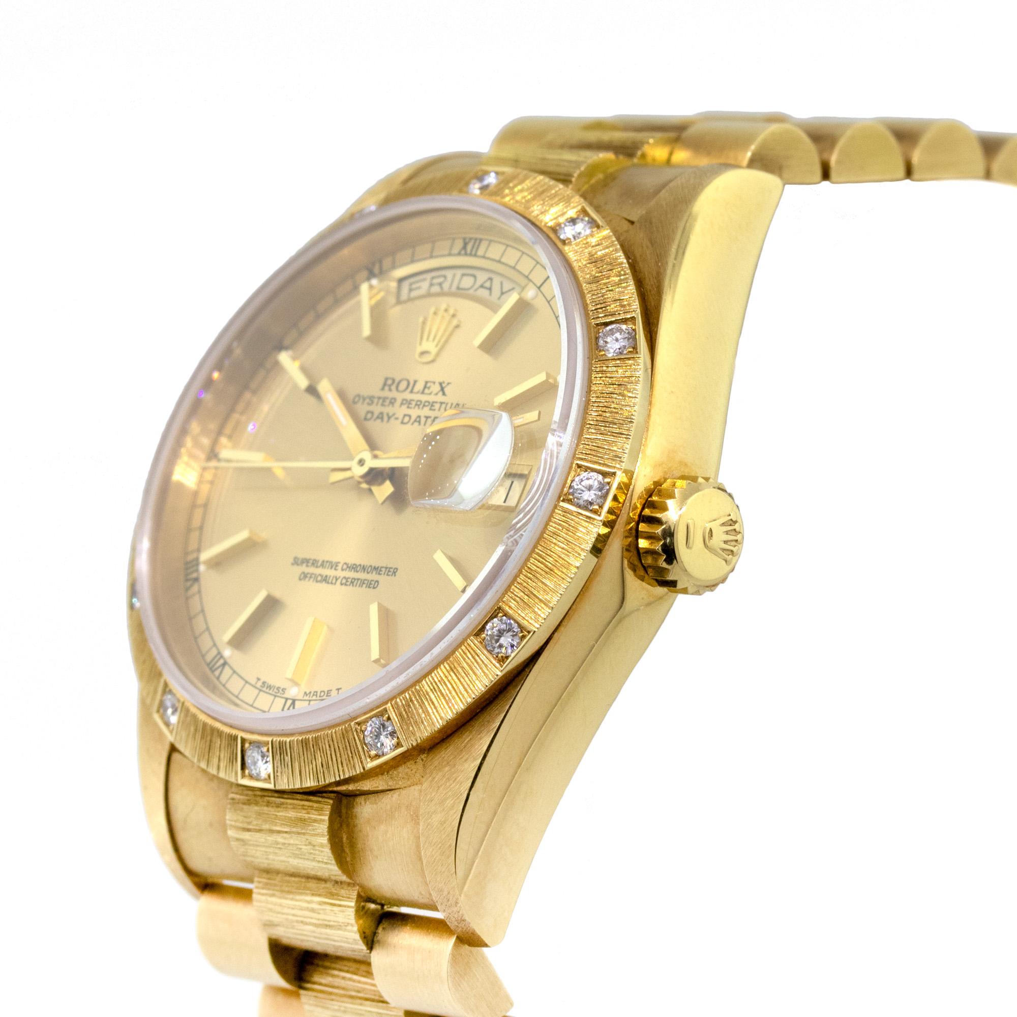 Round Cut Rolex 18108 18 Karat Yellow Gold Day Date with Factory Diamond Bezel Watch