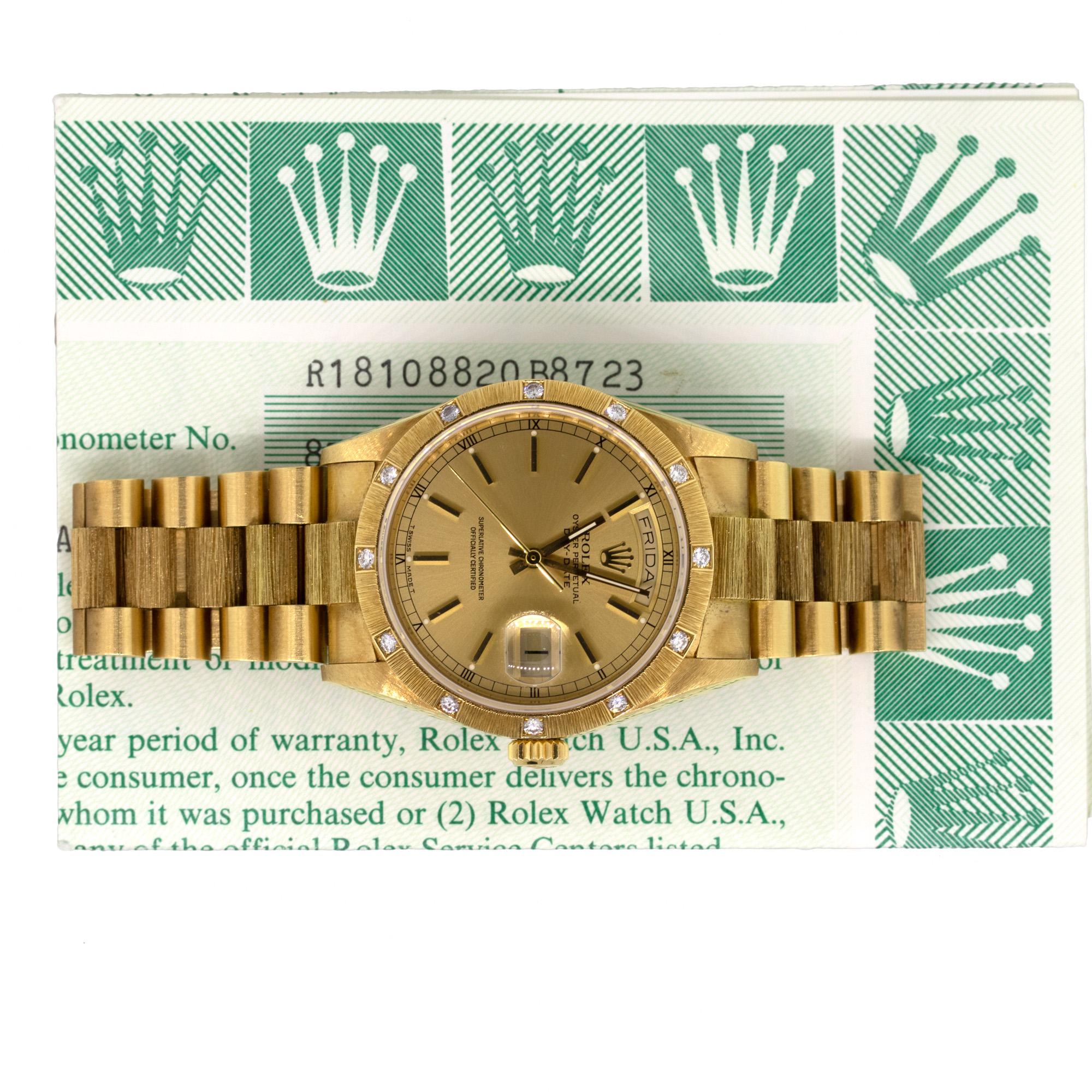 Rolex 18108 18 Karat Yellow Gold Day Date with Factory Diamond Bezel Watch 1